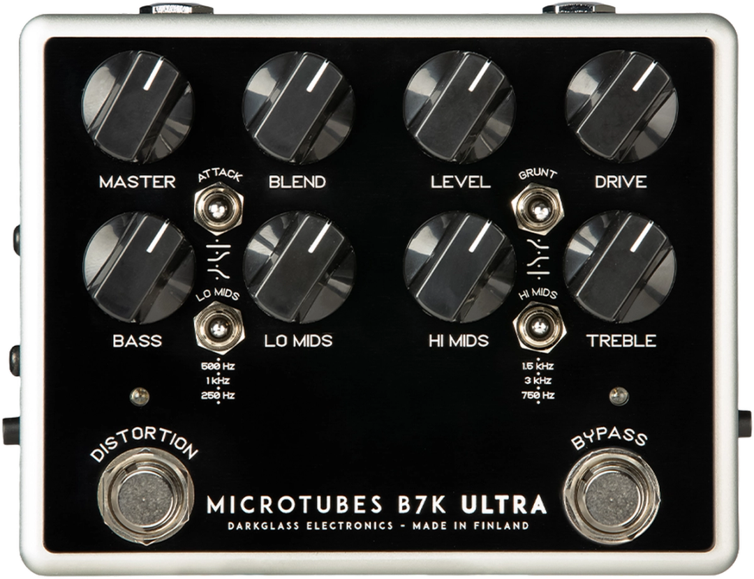 Darkglass Microtubes B7K Ultra, top view, silver enclosure, eight knobs, Attack Grunt toggles, Distortion and Bypass footswitches