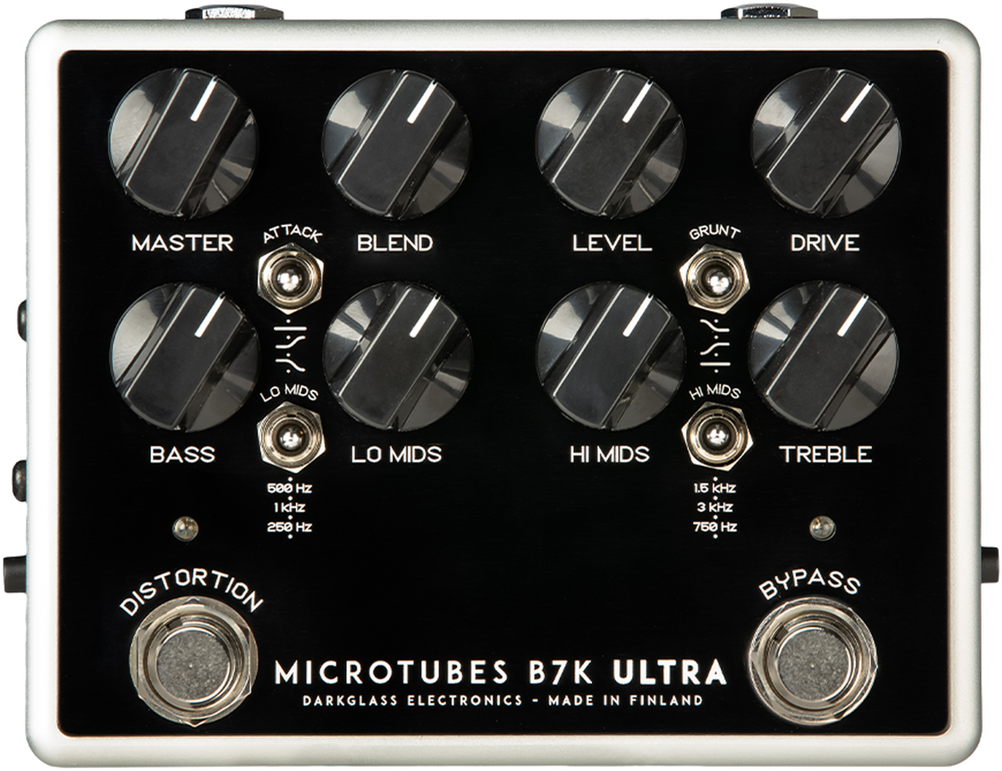 Darkglass Microtubes B7K Ultra, top view, silver enclosure, eight knobs, Attack Grunt toggles, Distortion and Bypass footswitches