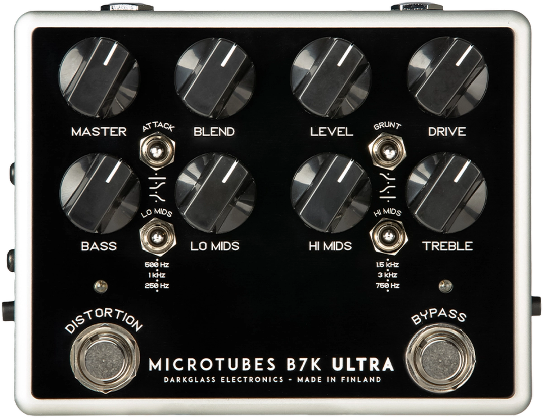 Darkglass Microtubes B7K Ultra, top view, silver enclosure, eight knobs, Attack Grunt toggles, Distortion and Bypass footswitches