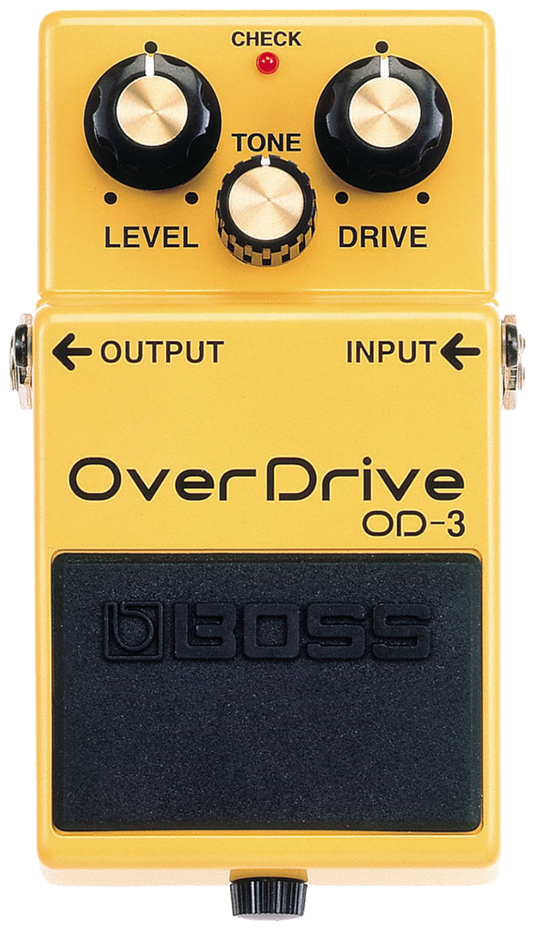 BOSS OD-3 OverDrive, top-down view, yellow enclosure, Level, Tone and Drive knobs, OverDrive OD-3 label