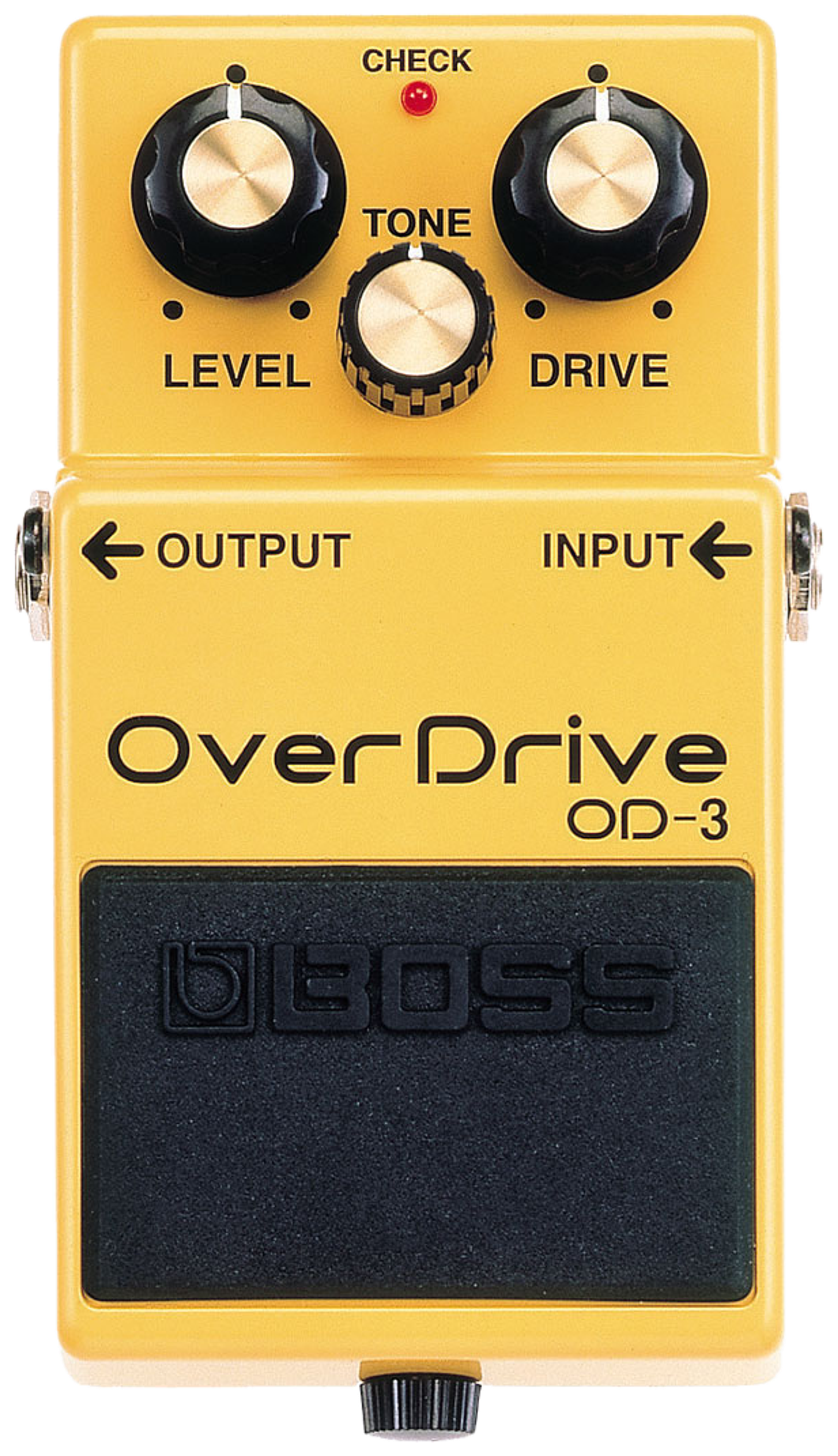 BOSS OD-3 OverDrive, top-down view, yellow enclosure, Level, Tone and Drive knobs, OverDrive OD-3 label
