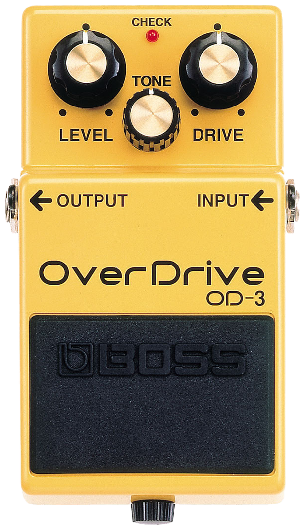 BOSS OD-3 OverDrive, top-down view, yellow enclosure, Level, Tone and Drive knobs, OverDrive OD-3 label