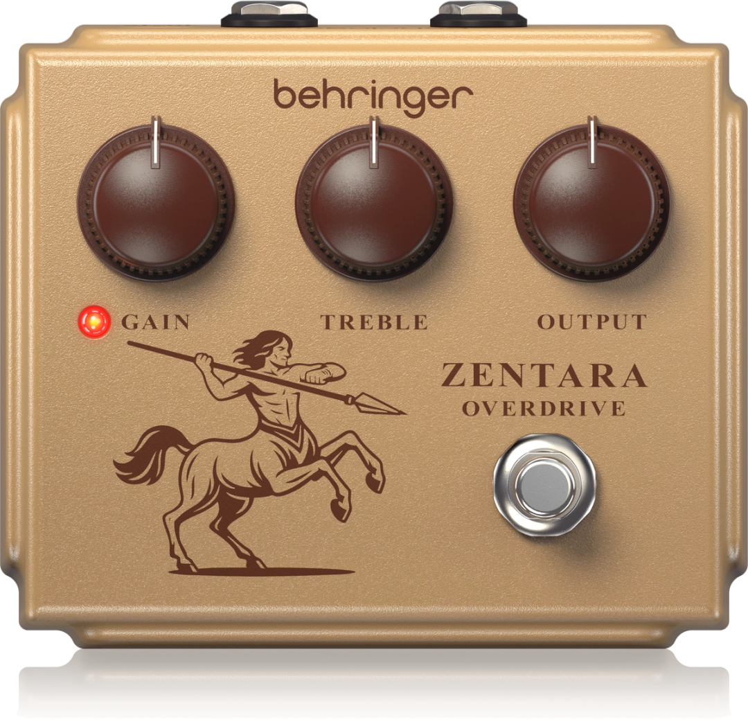 Behringer Zentara Overdrive, top-down view, gold enclosure, centaur artwork, Gain, Treble and Output knobs