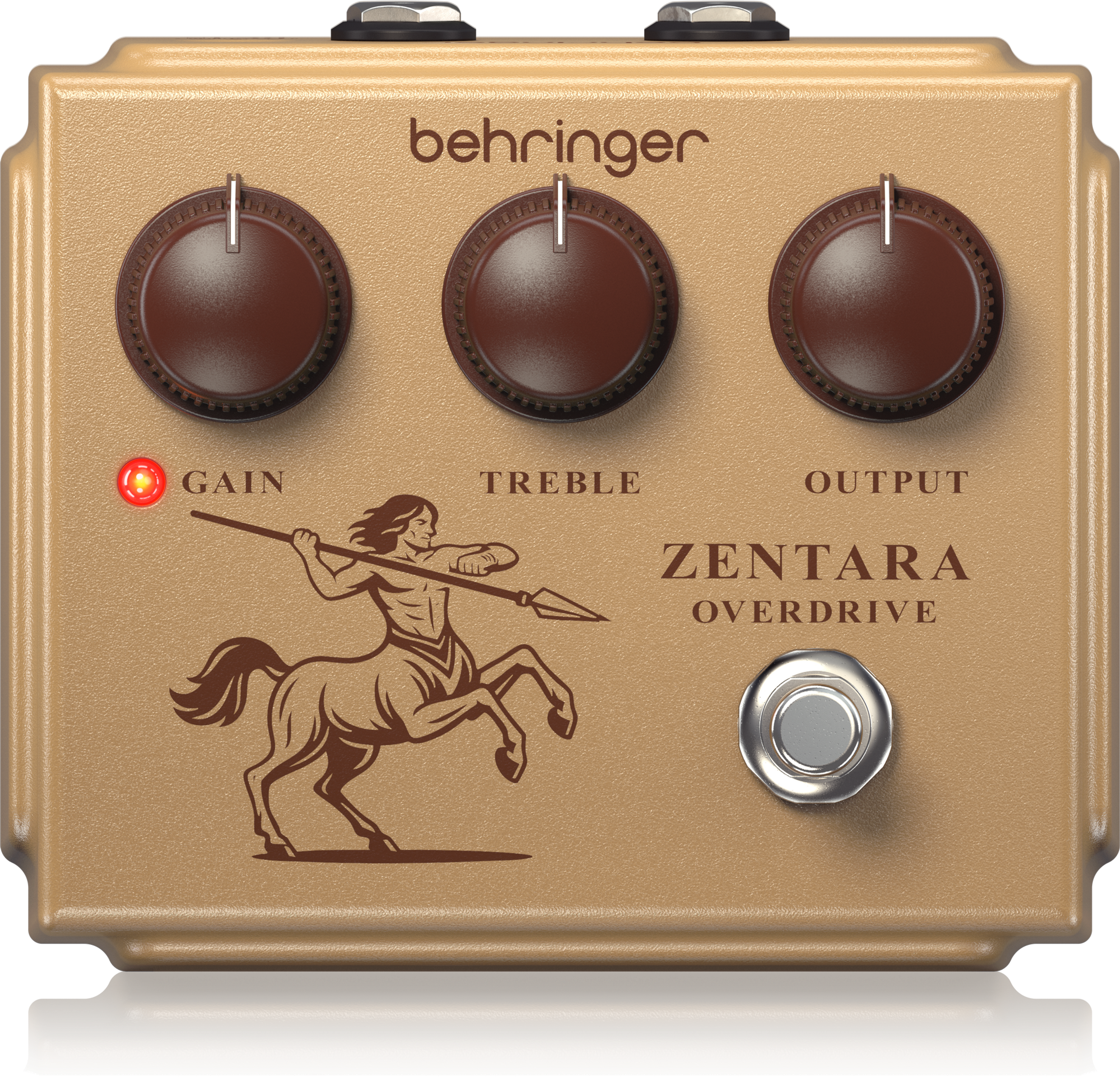 Behringer Zentara Overdrive, top-down view, gold enclosure, centaur artwork, Gain, Treble and Output knobs