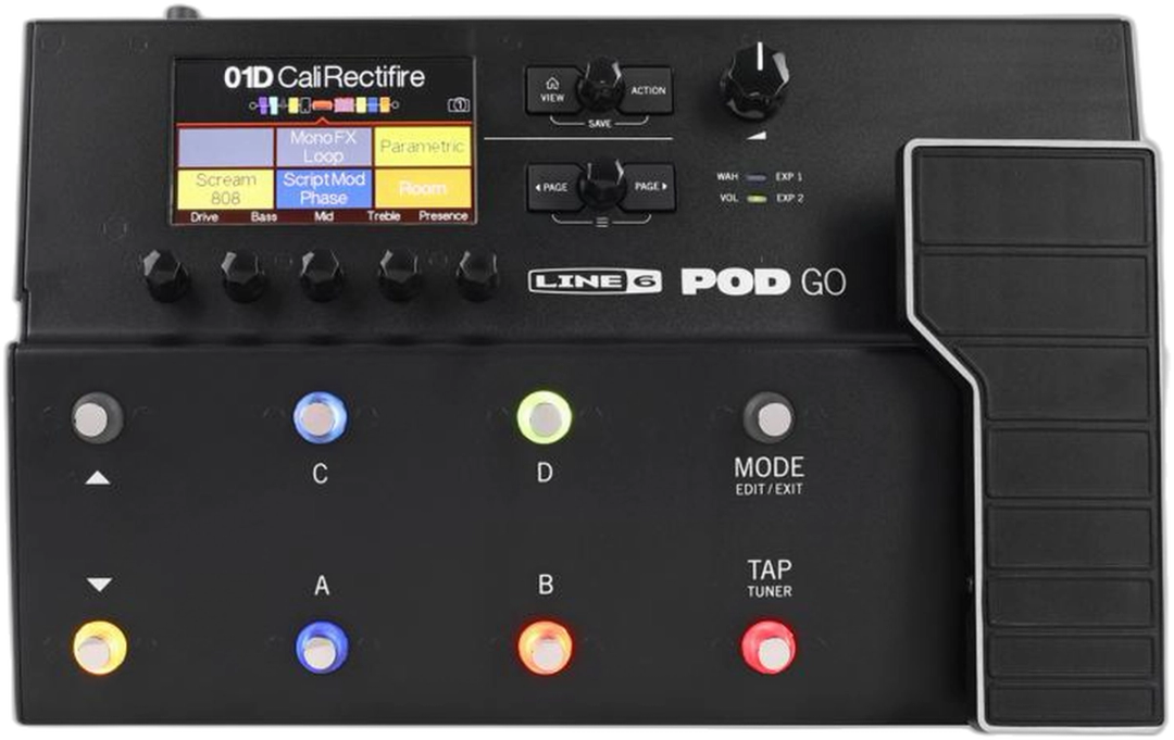 Line 6 POD Go, top-down view, black chassis, colour LCD, eight footswitches, expression pedal