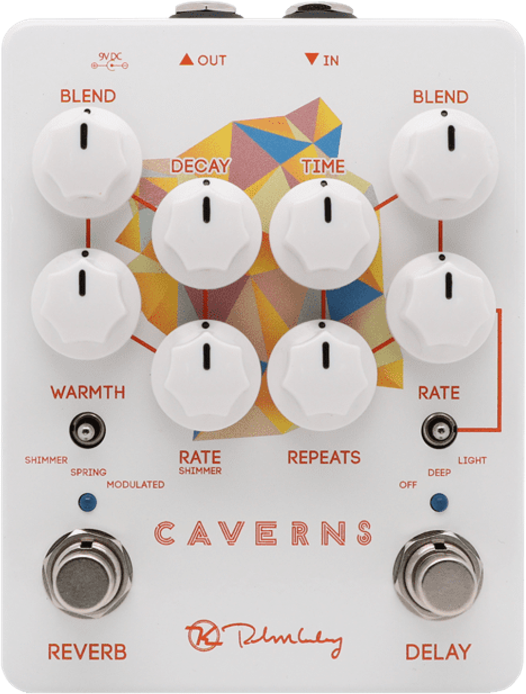 Keeley Caverns Delay Reverb V2, top view, white enclosure with geometric graphic, eight white knobs, Reverb and Delay footswitches