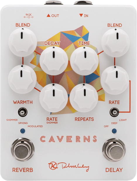 Keeley Caverns Delay Reverb V2, top view, white enclosure with geometric graphic, eight white knobs, Reverb and Delay footswitches