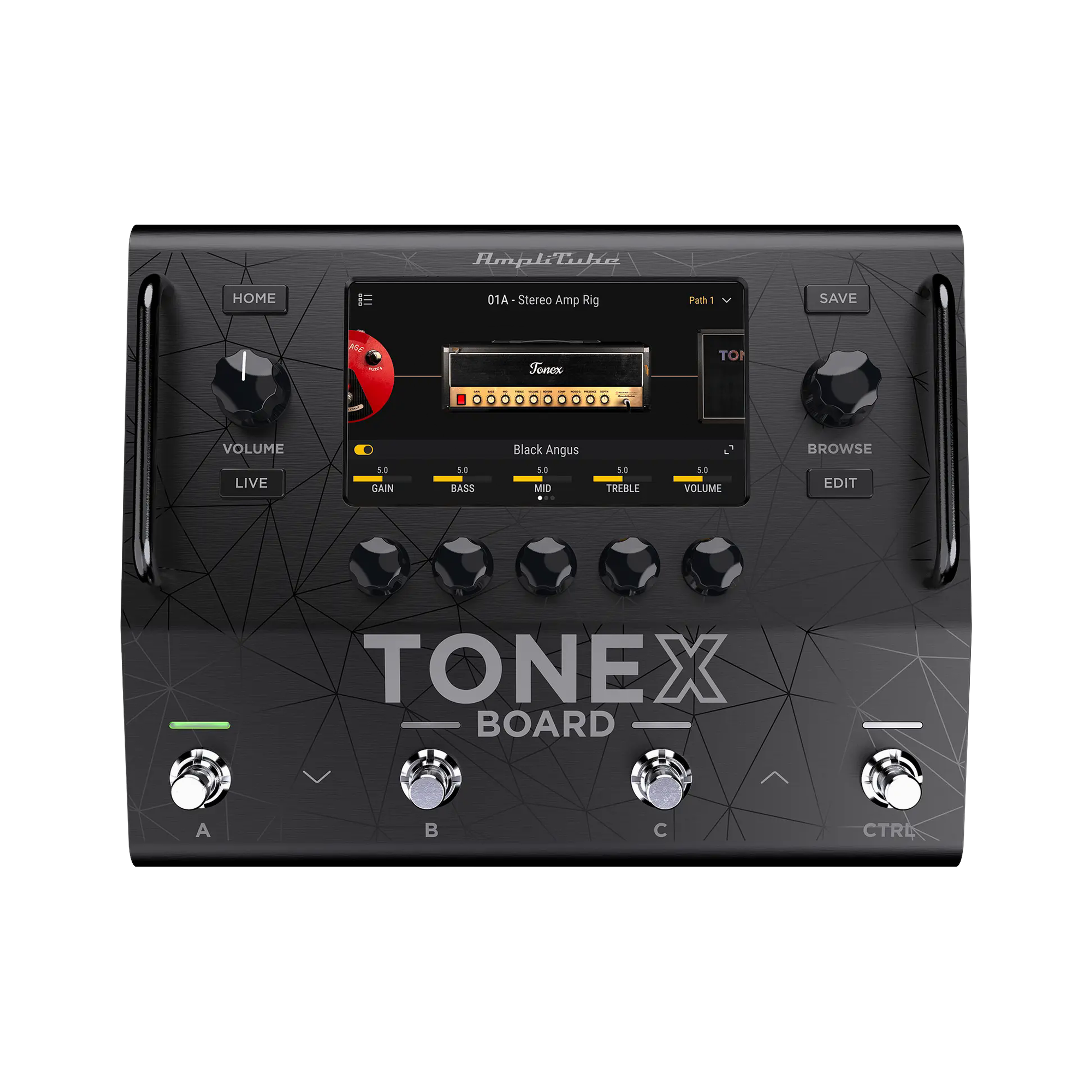 IK Multimedia TONEX Board, front packshot, touchscreen, four footswitches, six knobs