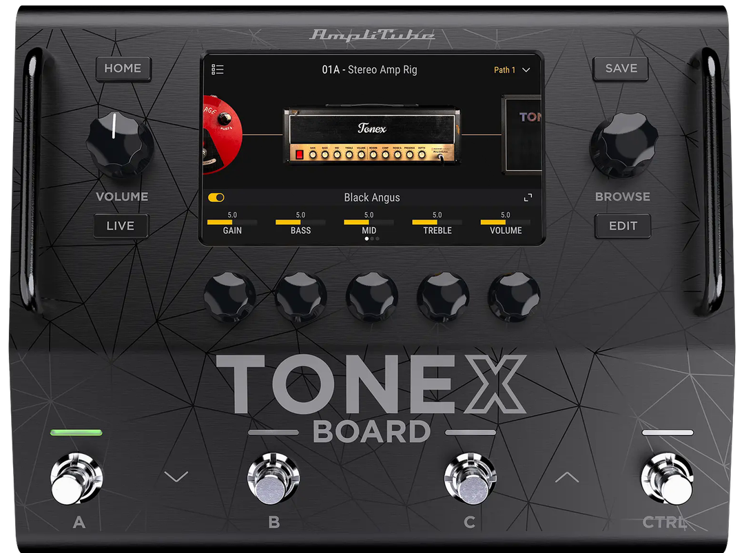IK Multimedia TONEX Board, front packshot, touchscreen, four footswitches, six knobs
