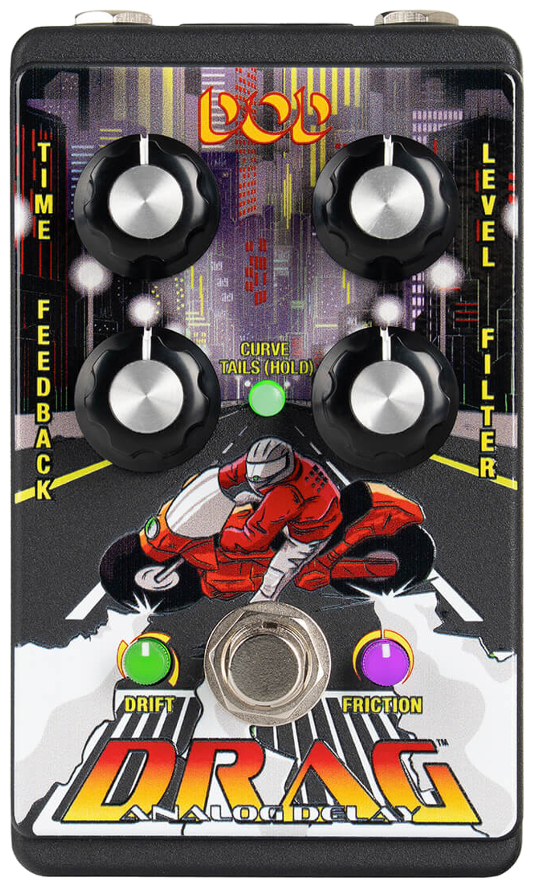 DOD Drag, top-down view, city-street motorcycle artwork, four knobs, Drift and Friction LEDs, single footswitch