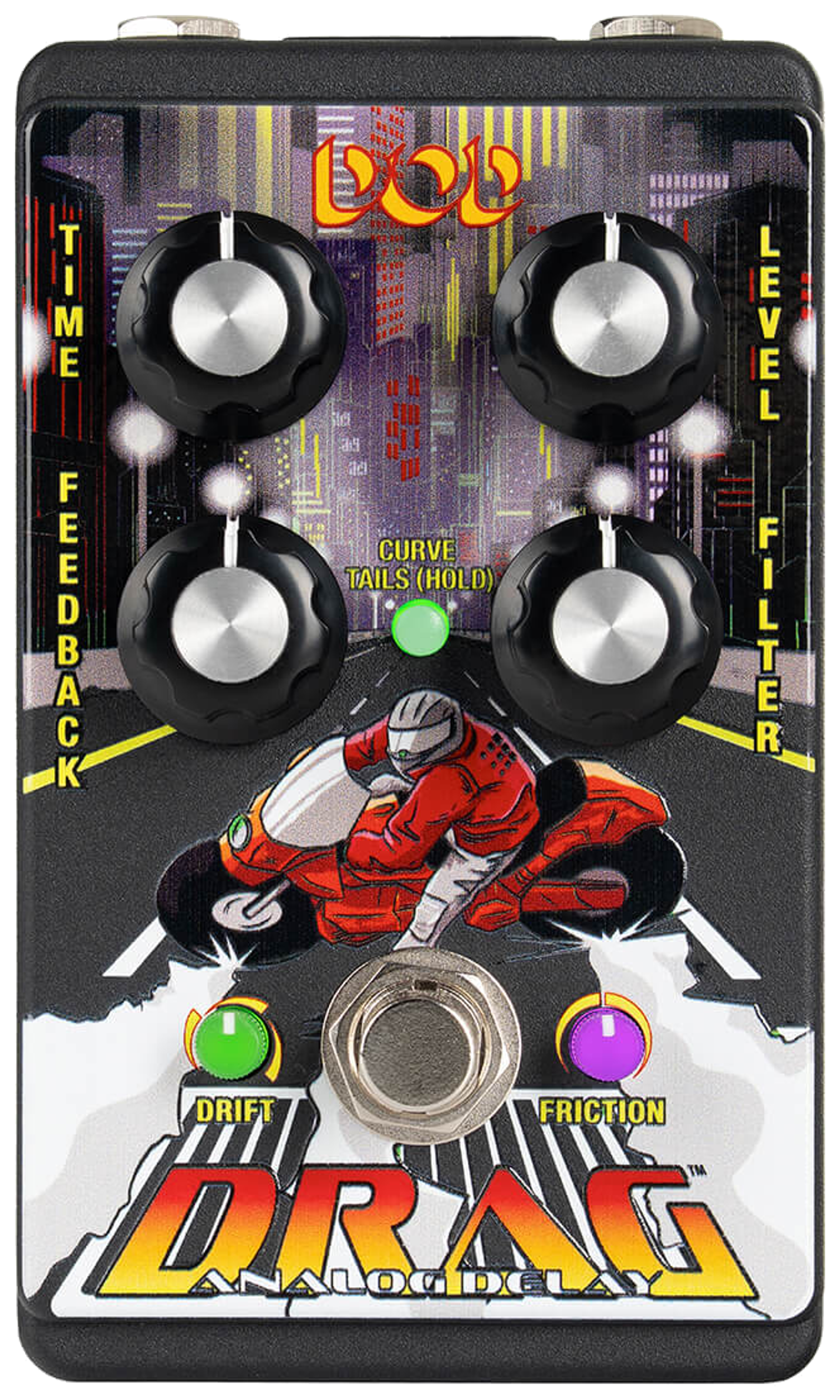 DOD Drag, top-down view, city-street motorcycle artwork, four knobs, Drift and Friction LEDs, single footswitch