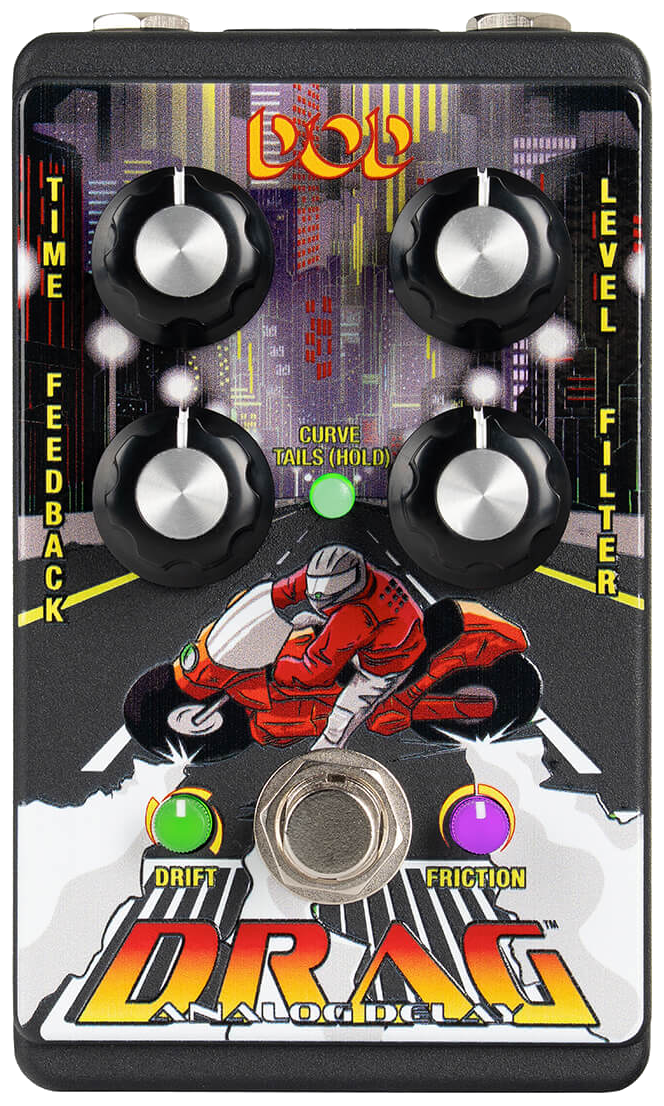 DOD Drag, top-down view, city-street motorcycle artwork, four knobs, Drift and Friction LEDs, single footswitch