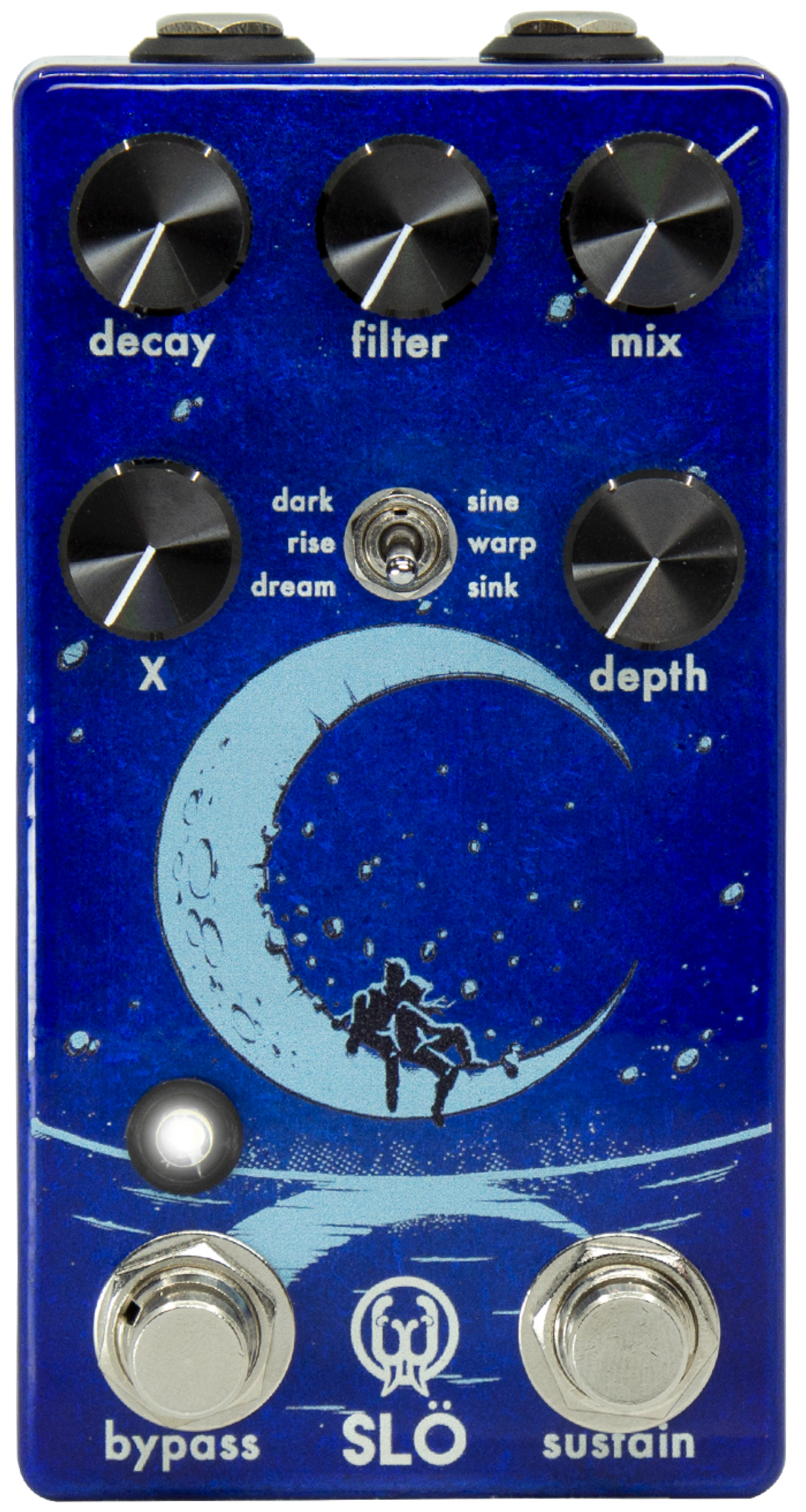 Walrus Audio Slö, top view, lollipop blue enclosure, decay filter mix knobs, bypass and sustain footswitches