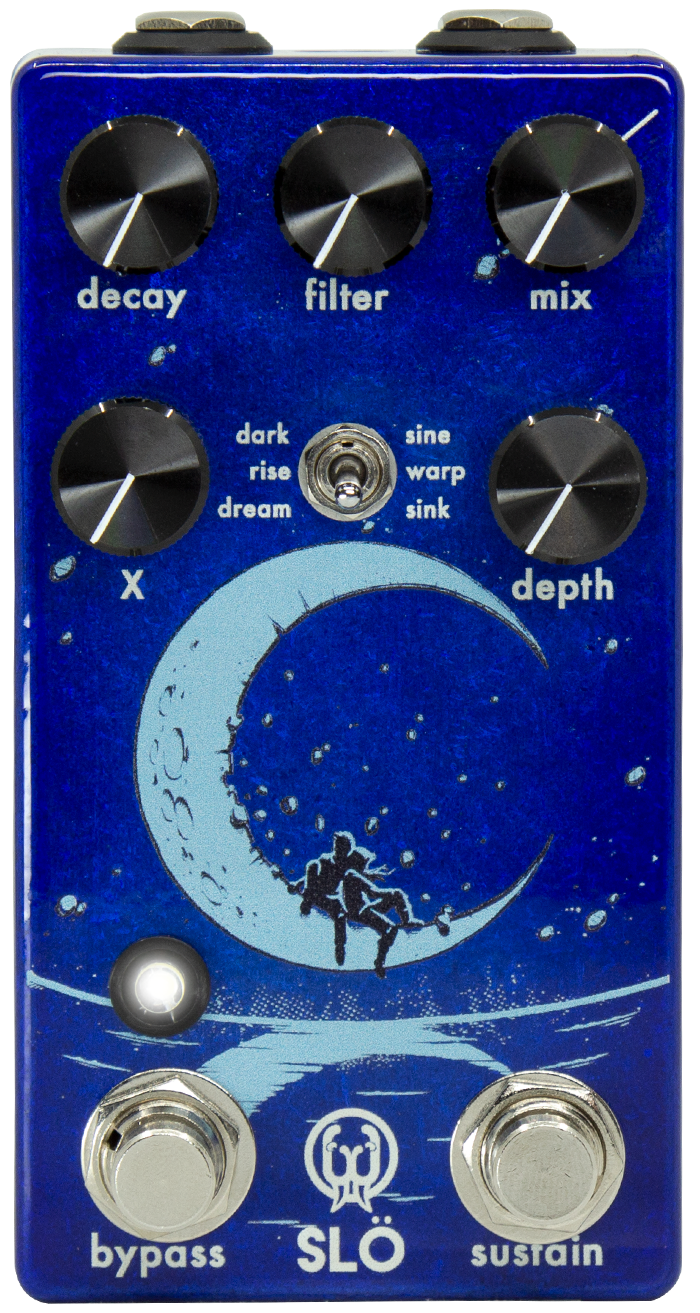 Walrus Audio Slö, top view, lollipop blue enclosure, decay filter mix knobs, bypass and sustain footswitches