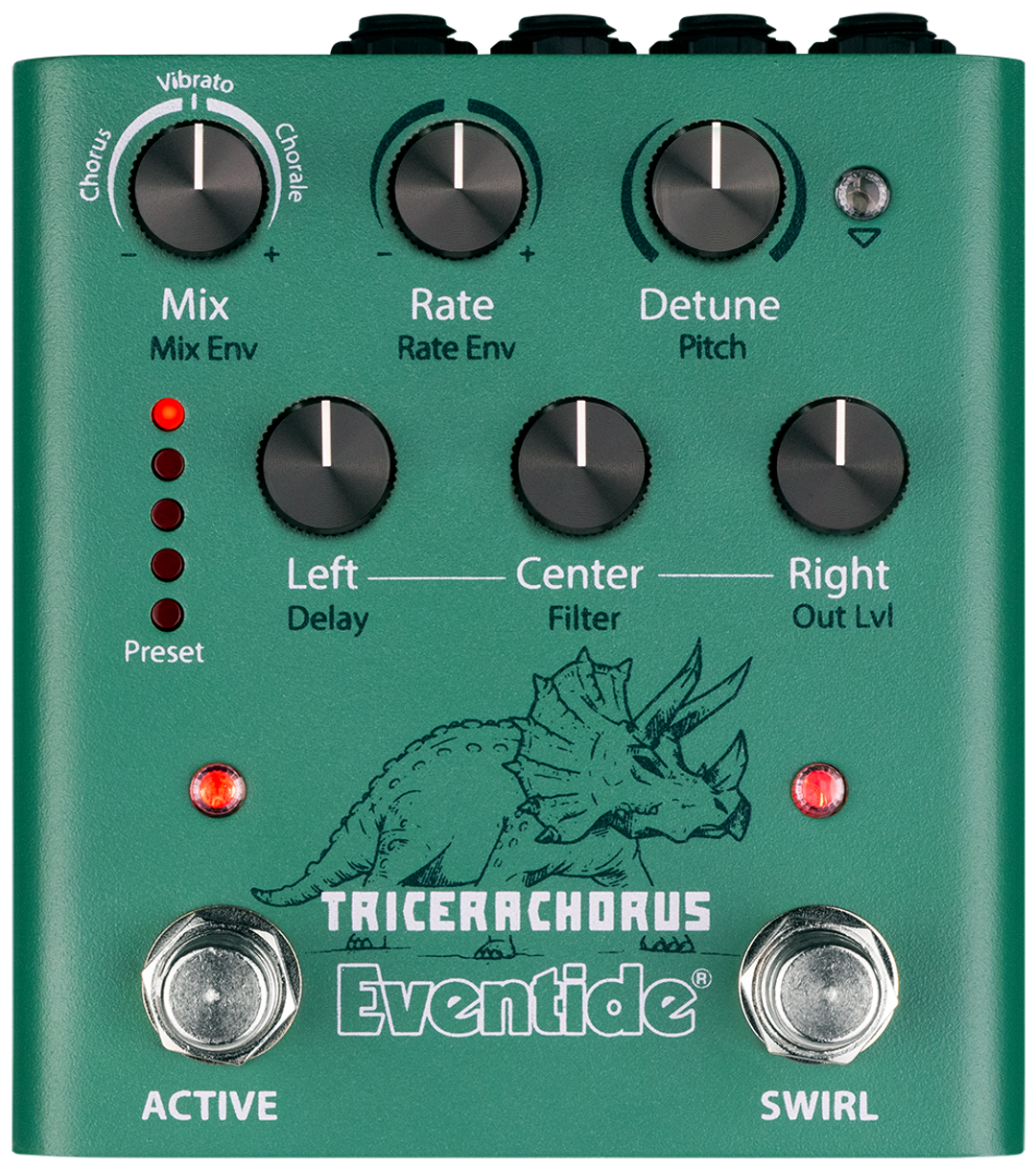 Eventide TriceraChorus, top-down view, green enclosure with triceratops artwork, seven knobs, Active and Swirl footswitches