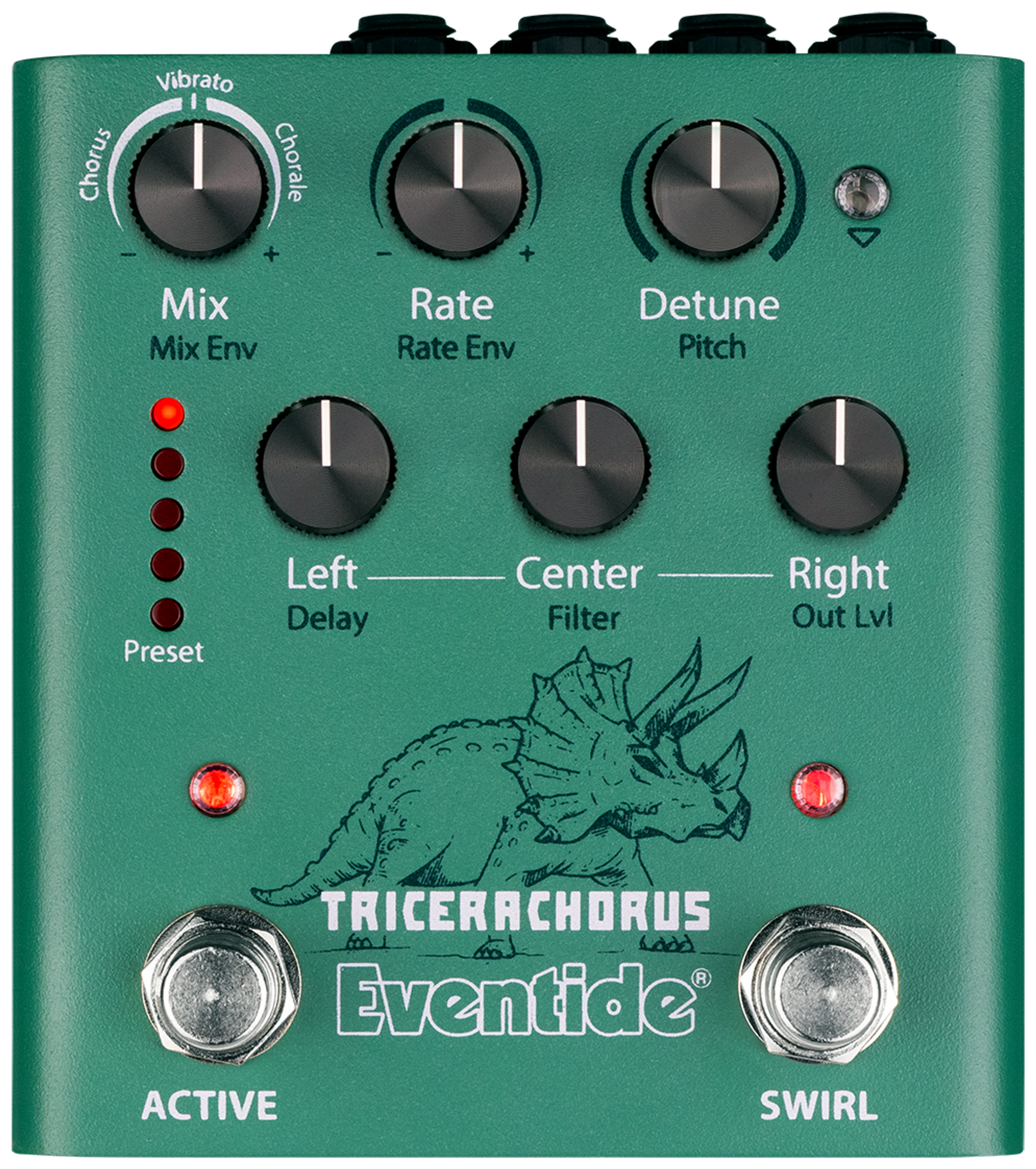 Eventide TriceraChorus, top-down view, green enclosure with triceratops artwork, seven knobs, Active and Swirl footswitches