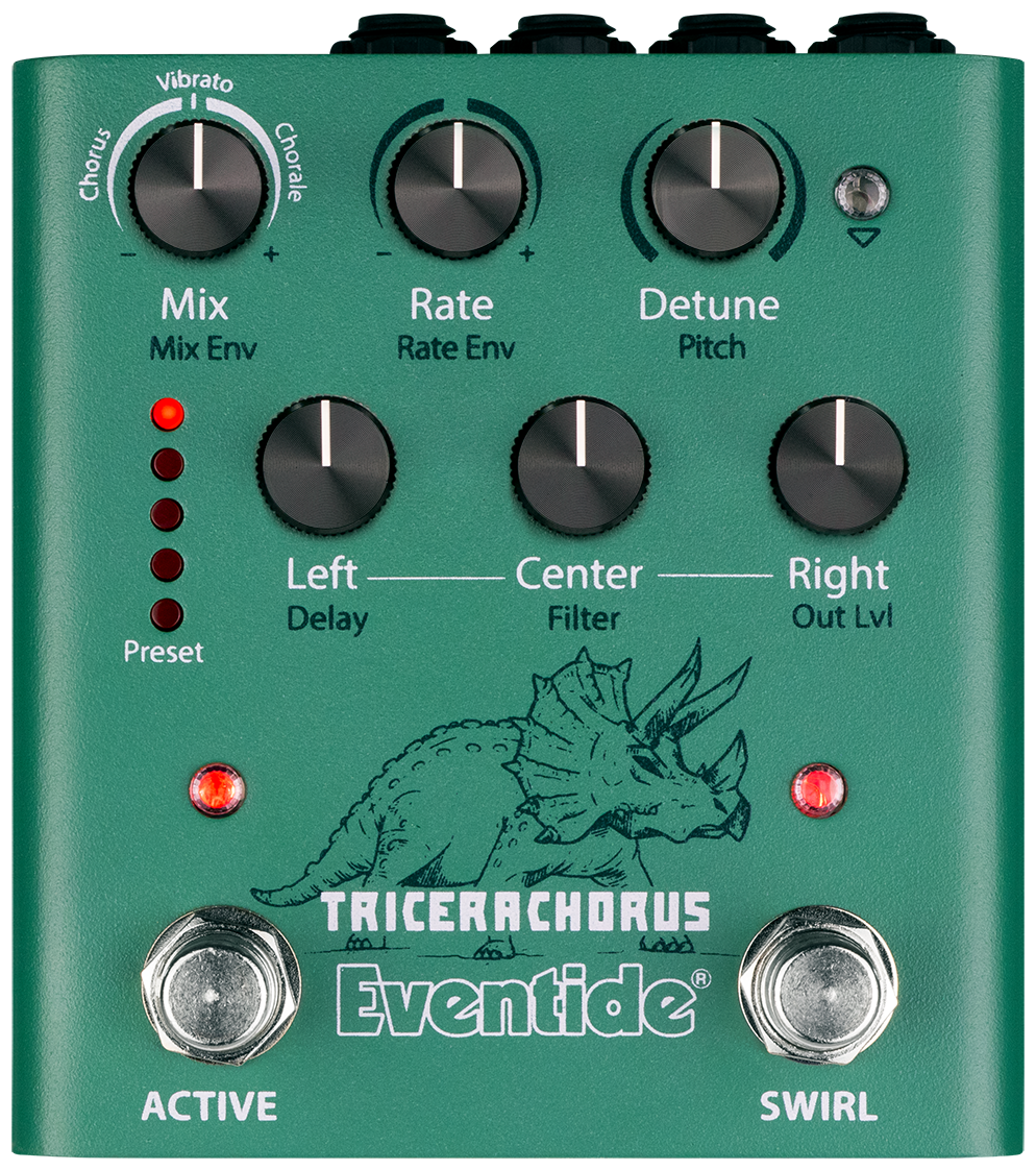 Eventide TriceraChorus, top-down view, green enclosure with triceratops artwork, seven knobs, Active and Swirl footswitches