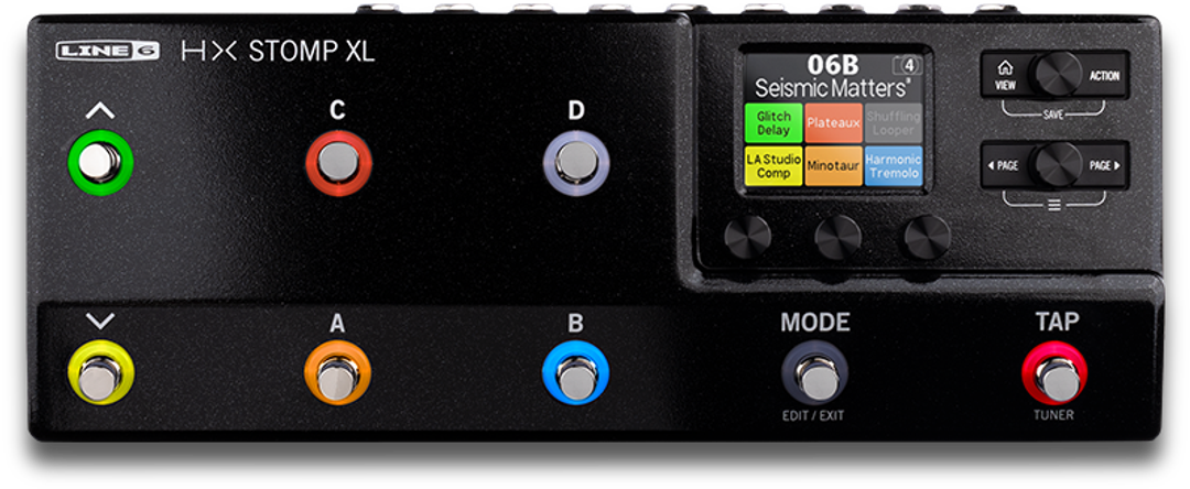 Line 6 HX Stomp XL, top view, black chassis, eight footswitches with coloured rings, colour LCD
