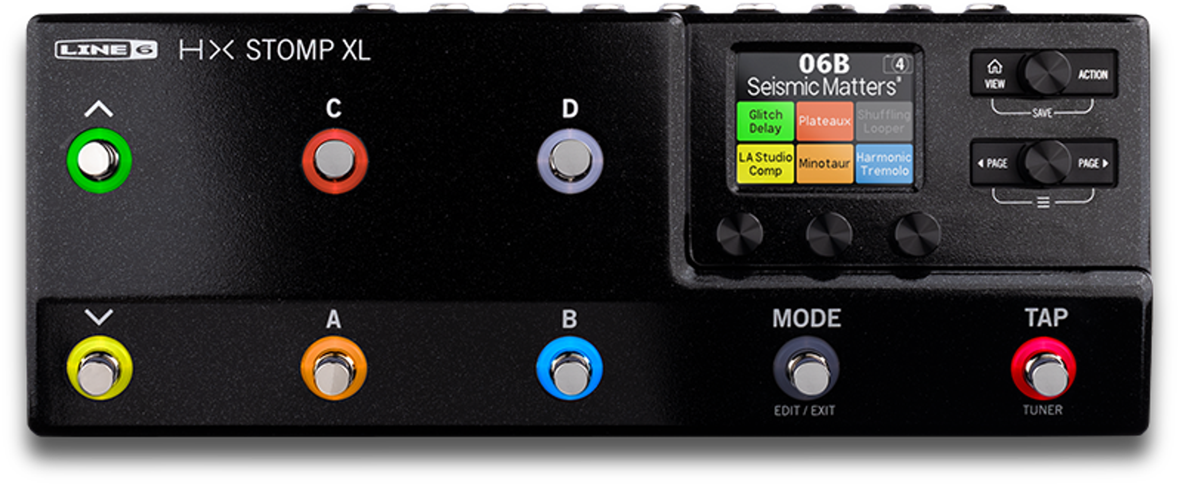 Line 6 HX Stomp XL, top view, black chassis, eight footswitches with coloured rings, colour LCD