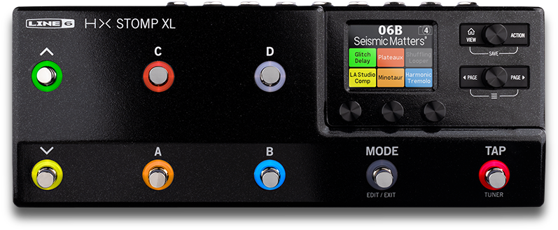 Line 6 HX Stomp XL, top view, black chassis, eight footswitches with coloured rings, colour LCD