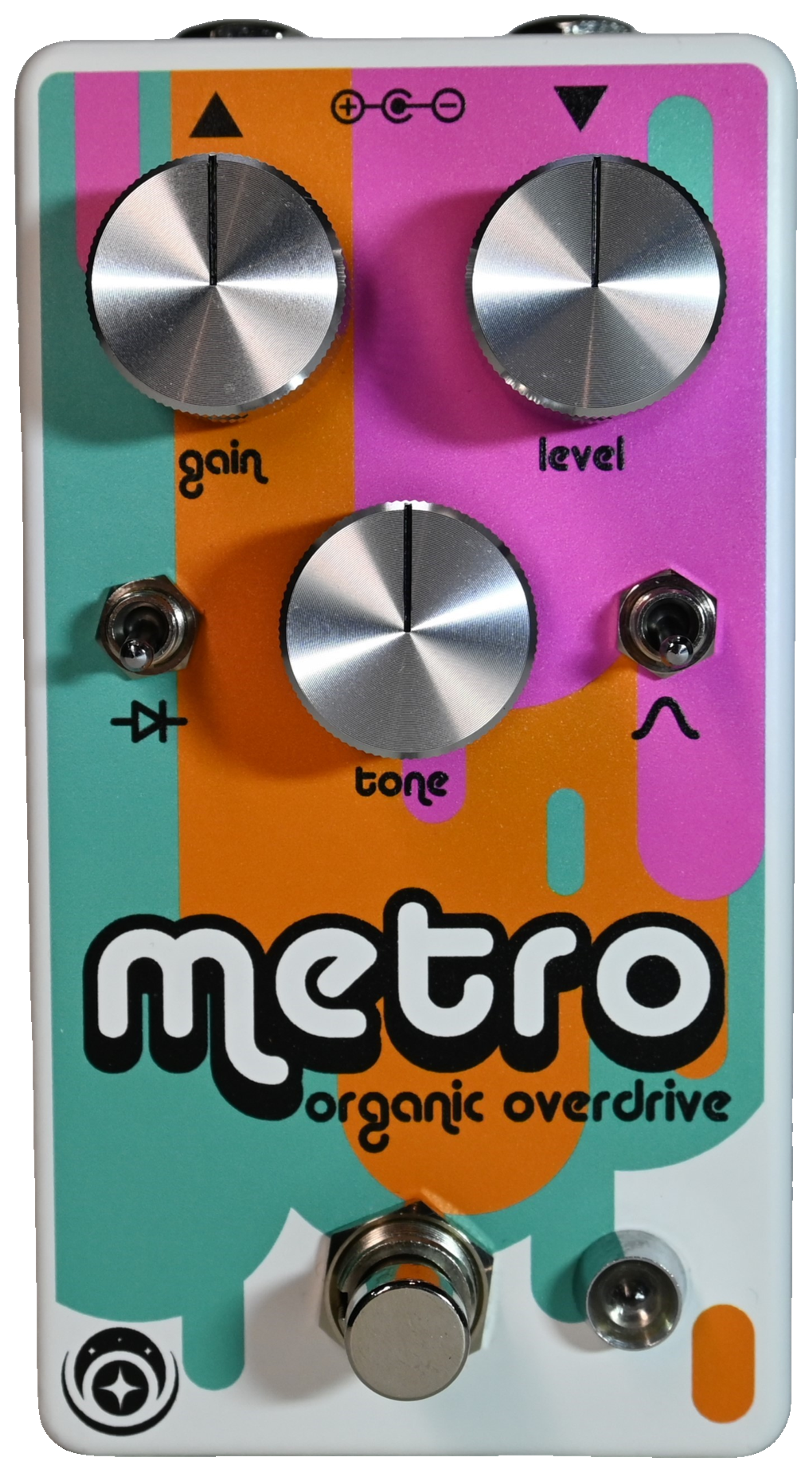 Awestruck Metro, front view, white housing with orange, pink and teal artwork, three silver knobs, Diode and Mids toggles