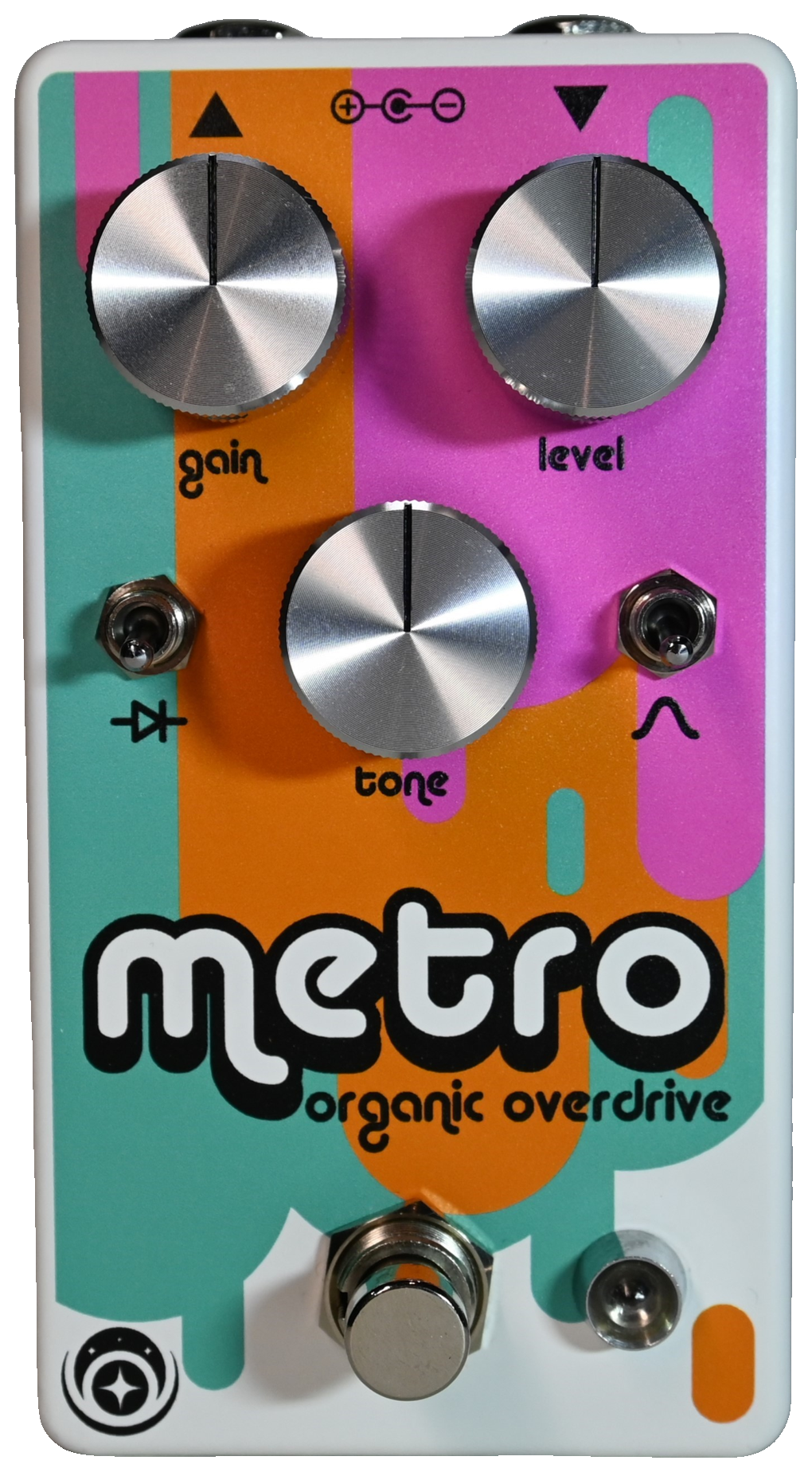 Awestruck Metro, front view, white housing with orange, pink and teal artwork, three silver knobs, Diode and Mids toggles