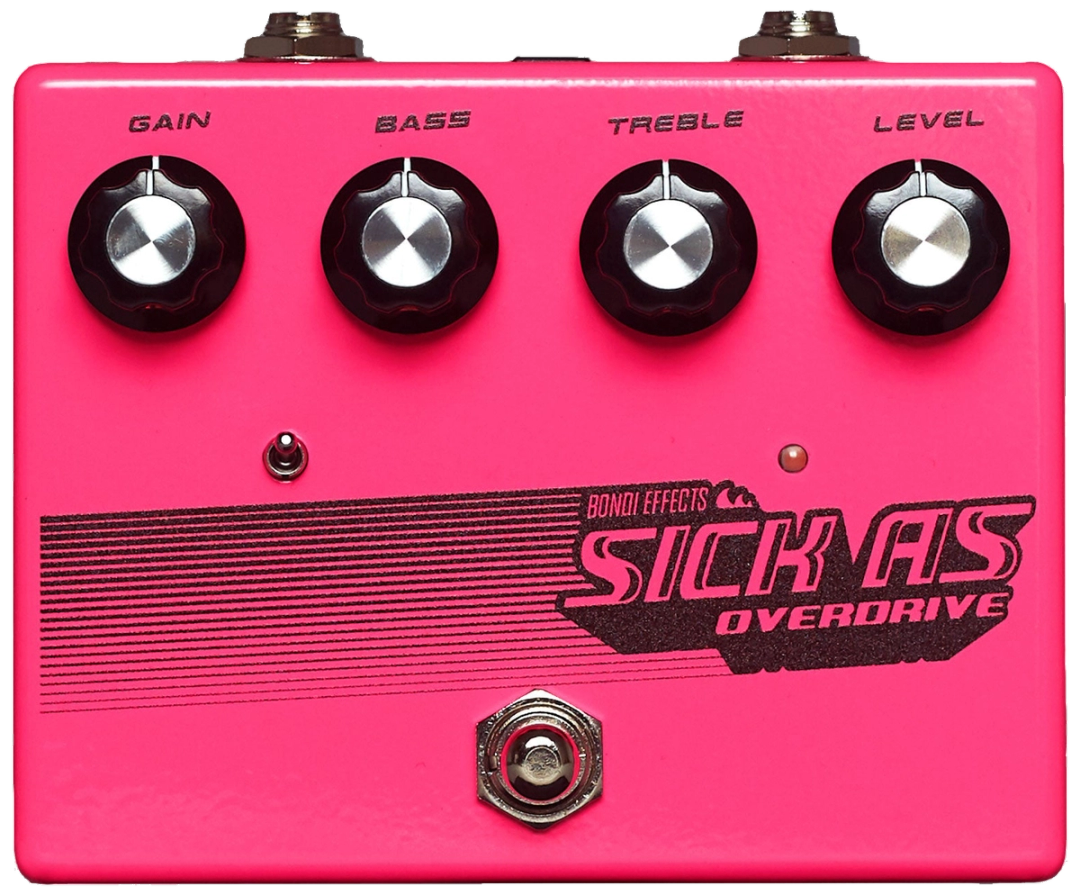 Bondi Effects Sick As High Shredroom, top-down, neon pink enclosure, Sick As Overdrive graphic, four knobs