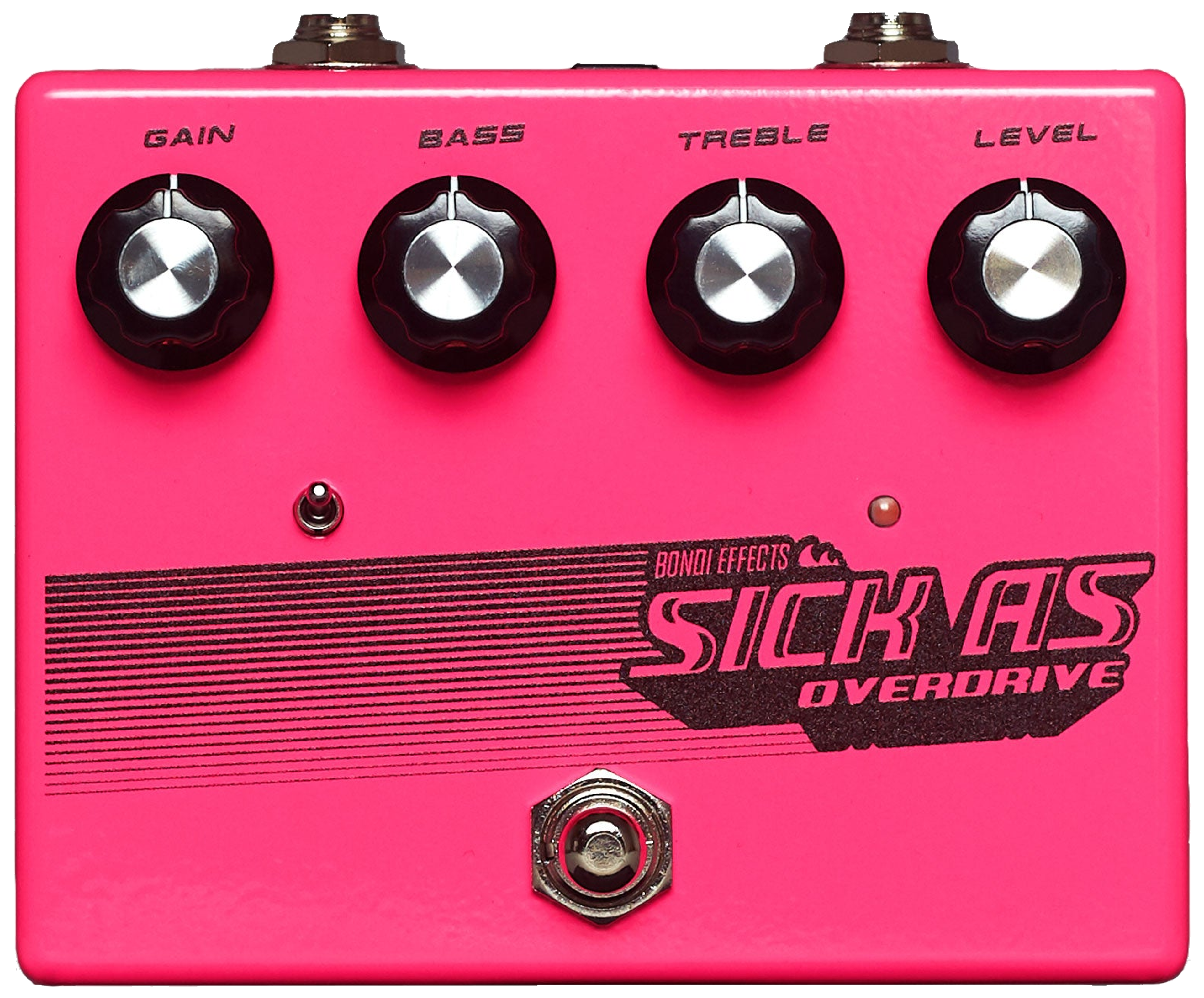 Bondi Effects Sick As High Shredroom, top-down, neon pink enclosure, Sick As Overdrive graphic, four knobs