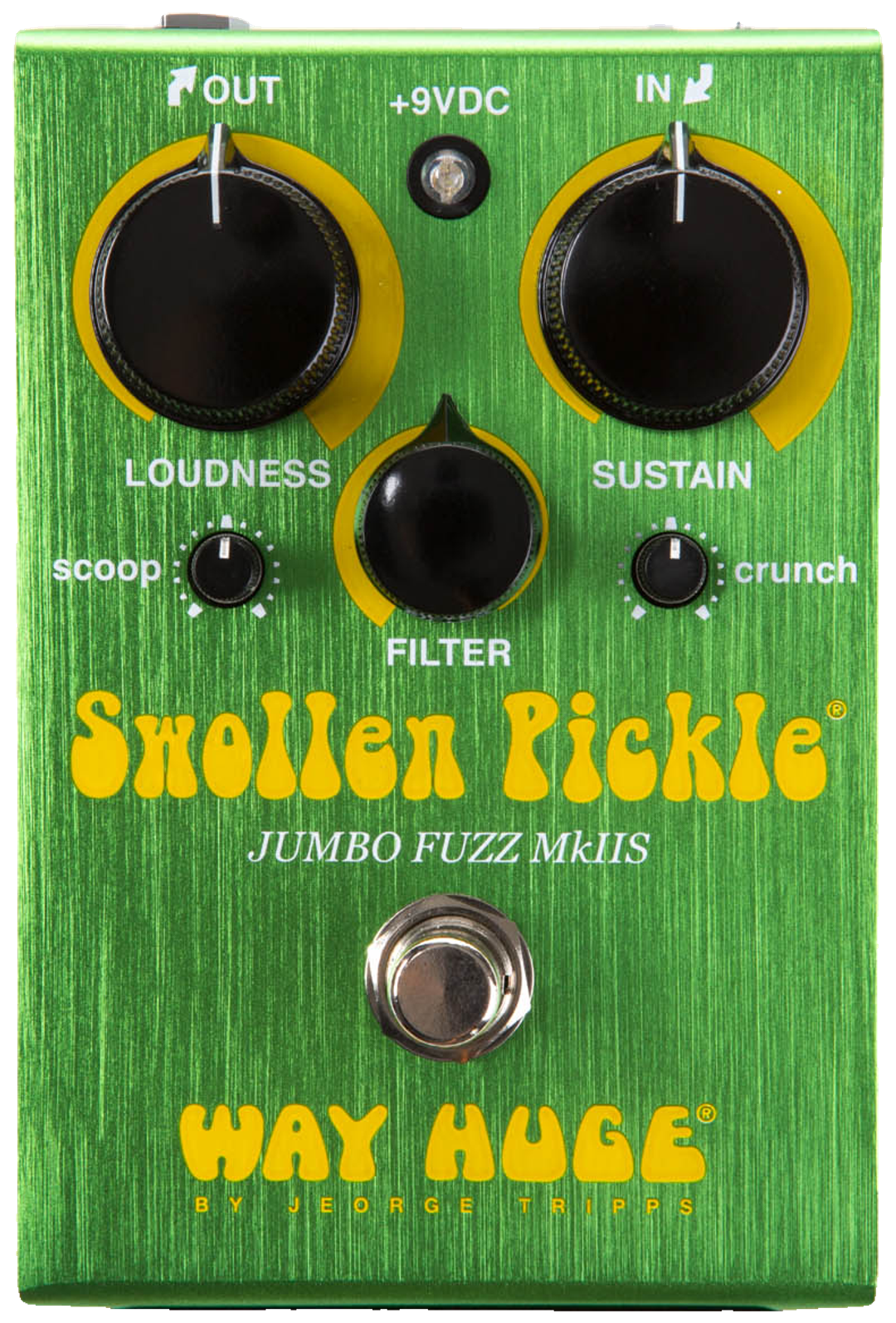 Way Huge Swollen Pickle Jumbo Fuzz MkIIS, top-down view, green brushed enclosure, yellow Swollen Pickle lettering, three large and two small black knobs