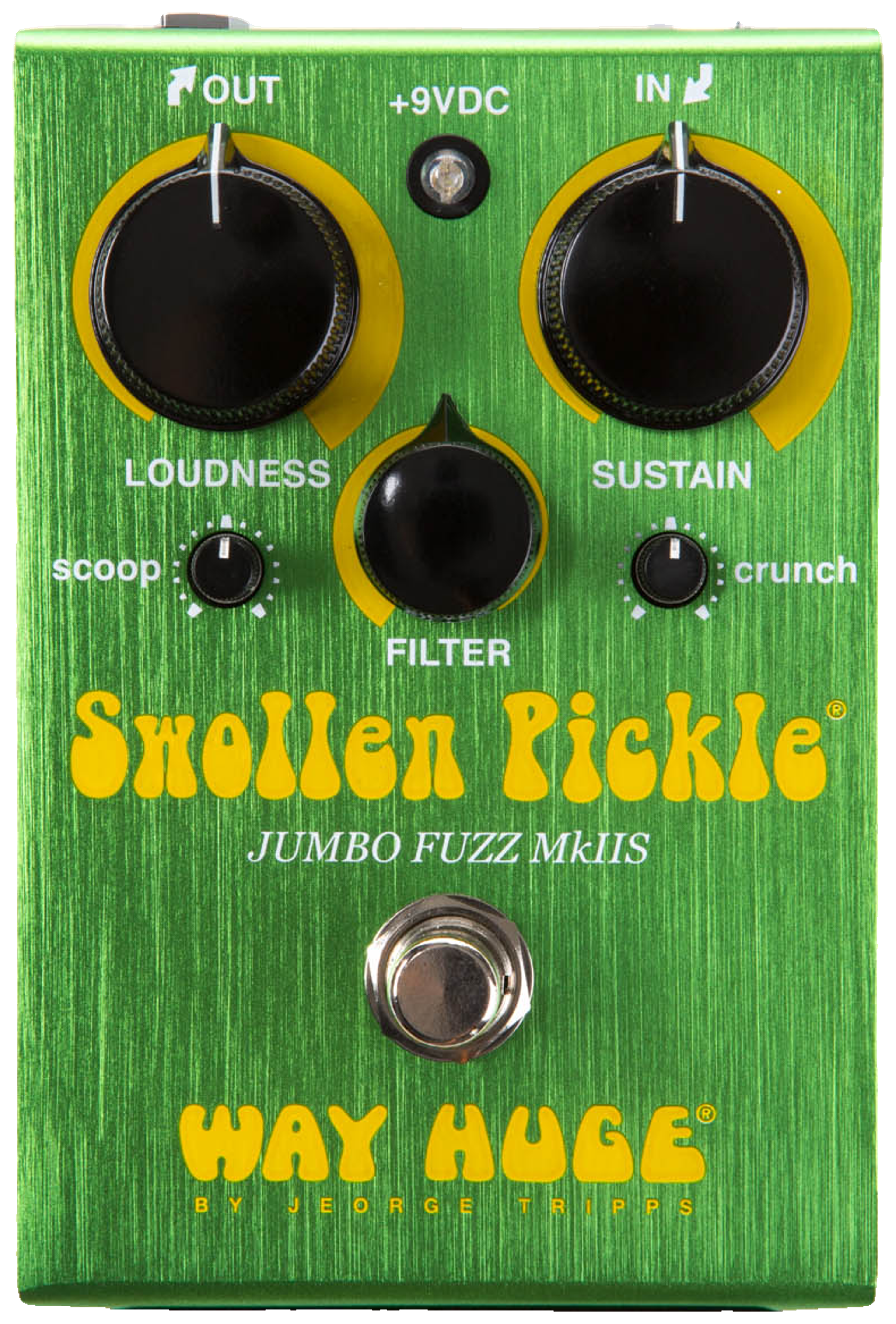 Way Huge Swollen Pickle Jumbo Fuzz MkIIS, top-down view, green brushed enclosure, yellow Swollen Pickle lettering, three large and two small black knobs
