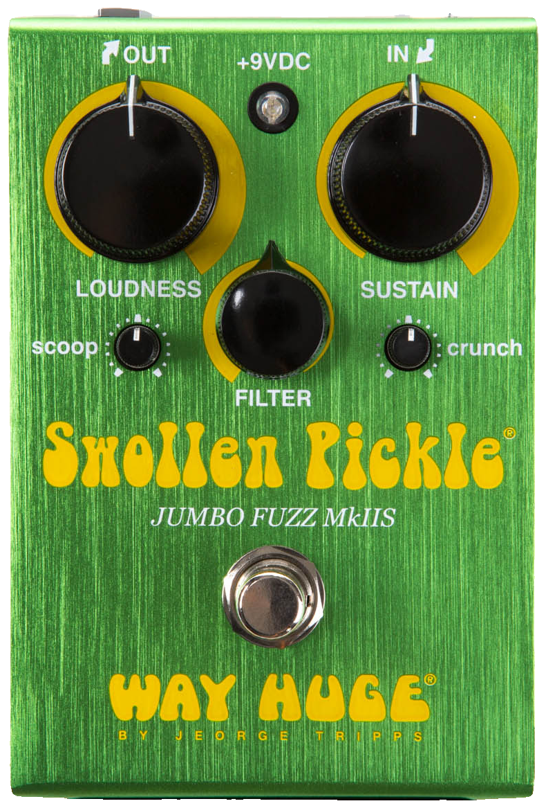 Way Huge Swollen Pickle Jumbo Fuzz MkIIS, top-down view, green brushed enclosure, yellow Swollen Pickle lettering, three large and two small black knobs