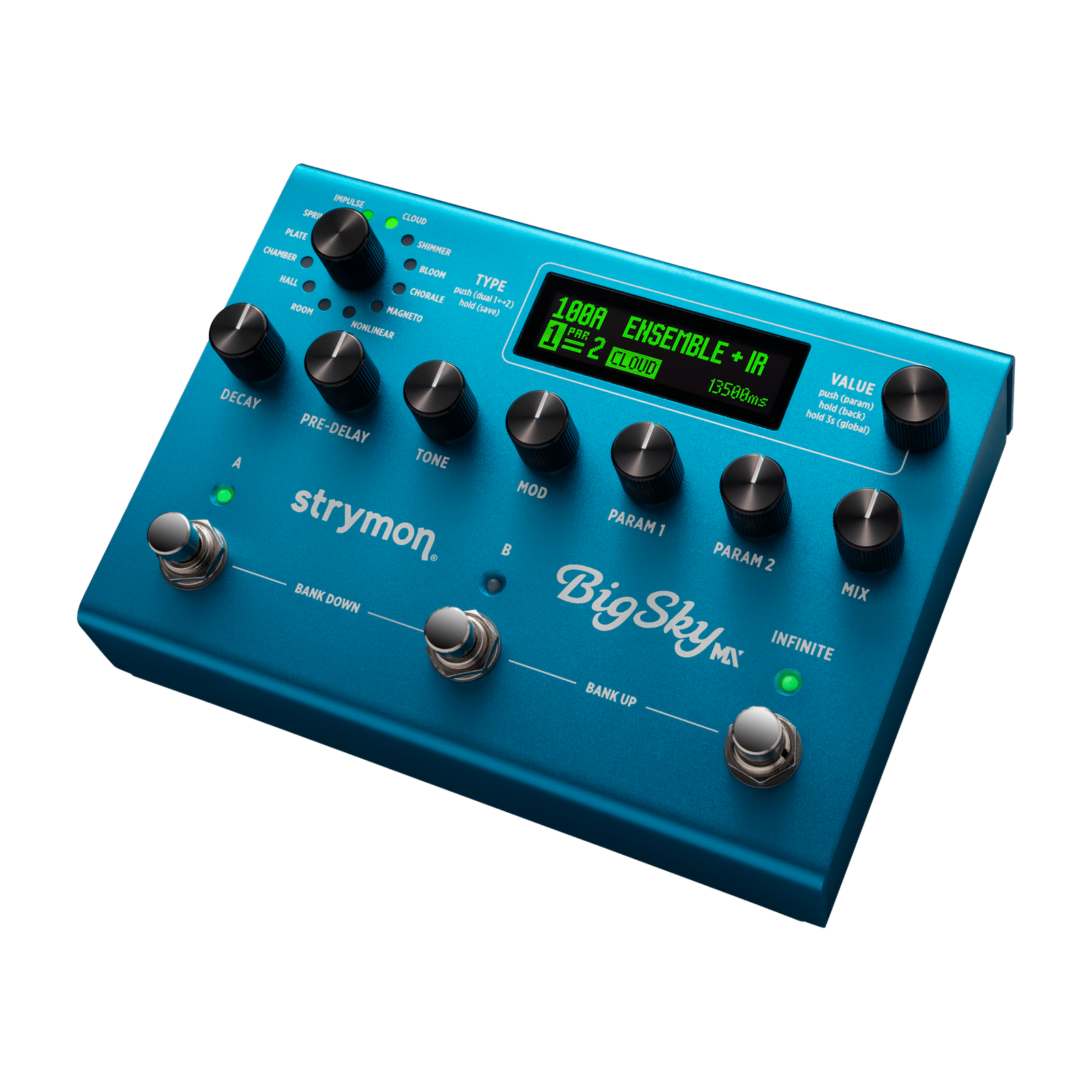 Strymon BigSky MX, three-quarter packshot, blue enclosure, OLED display, nine knobs, three footswitches