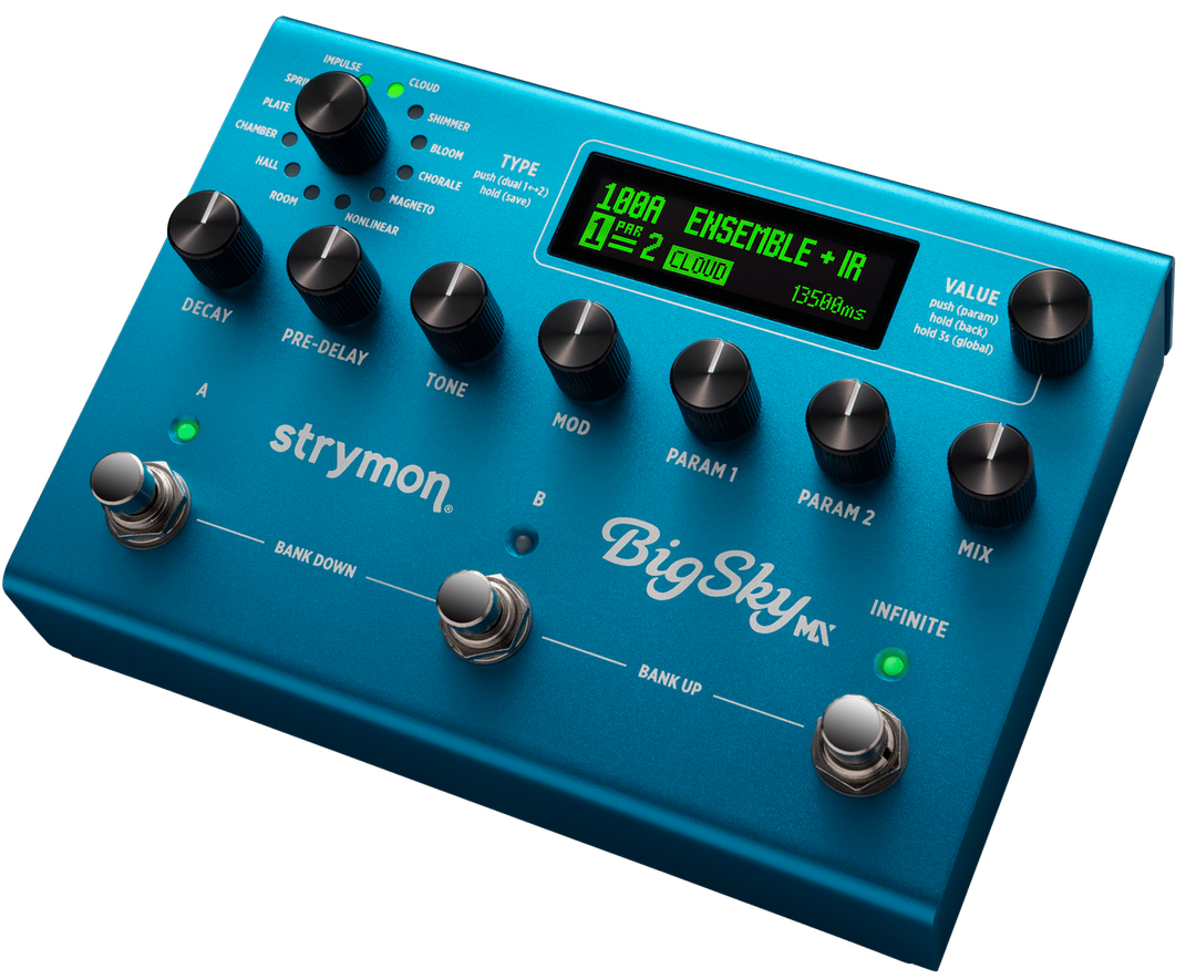 Strymon BigSky MX, three-quarter packshot, blue enclosure, OLED display, nine knobs, three footswitches