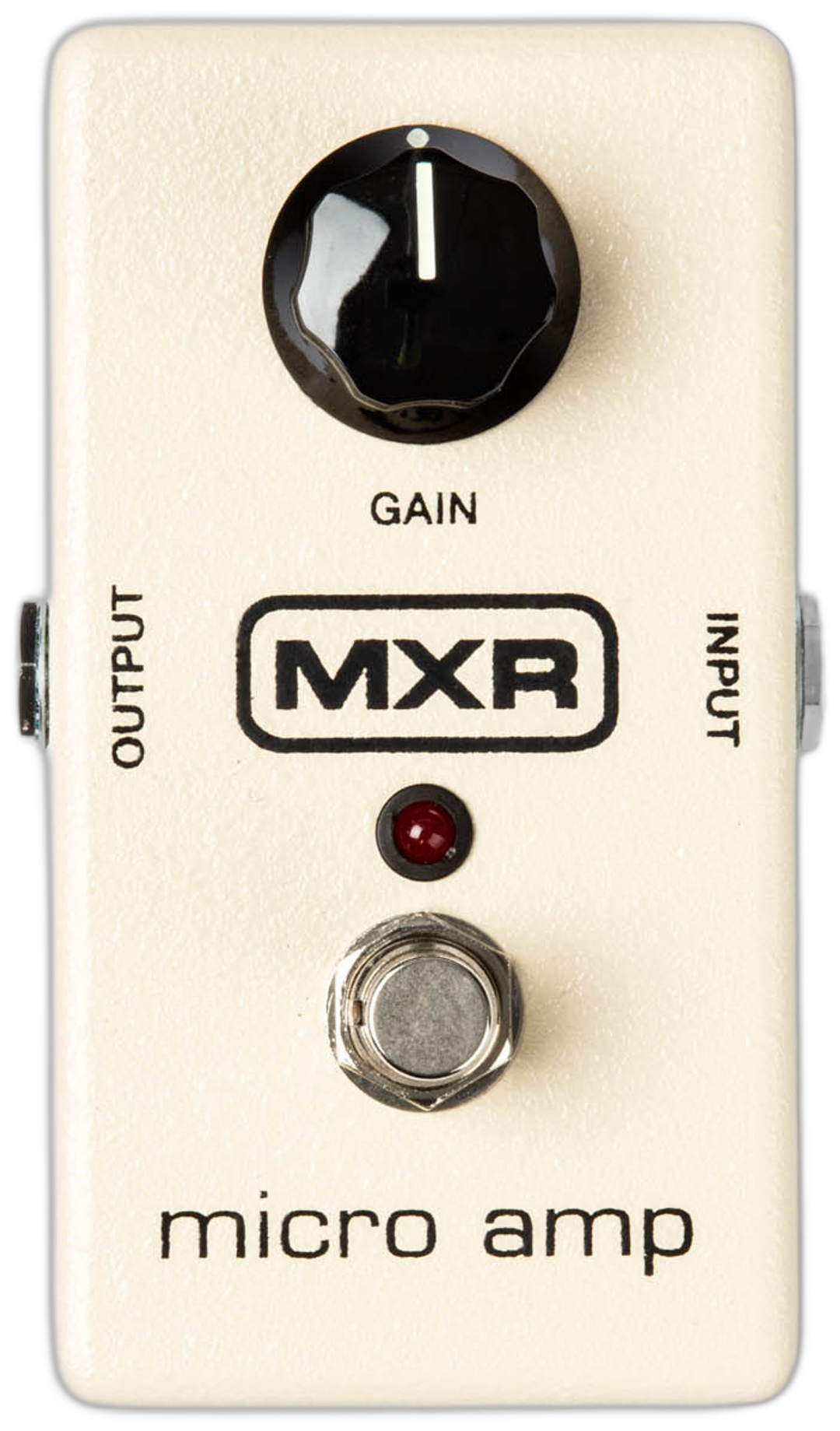 MXR Micro Amp M133, top-down view, cream enclosure, black Gain knob, red LED