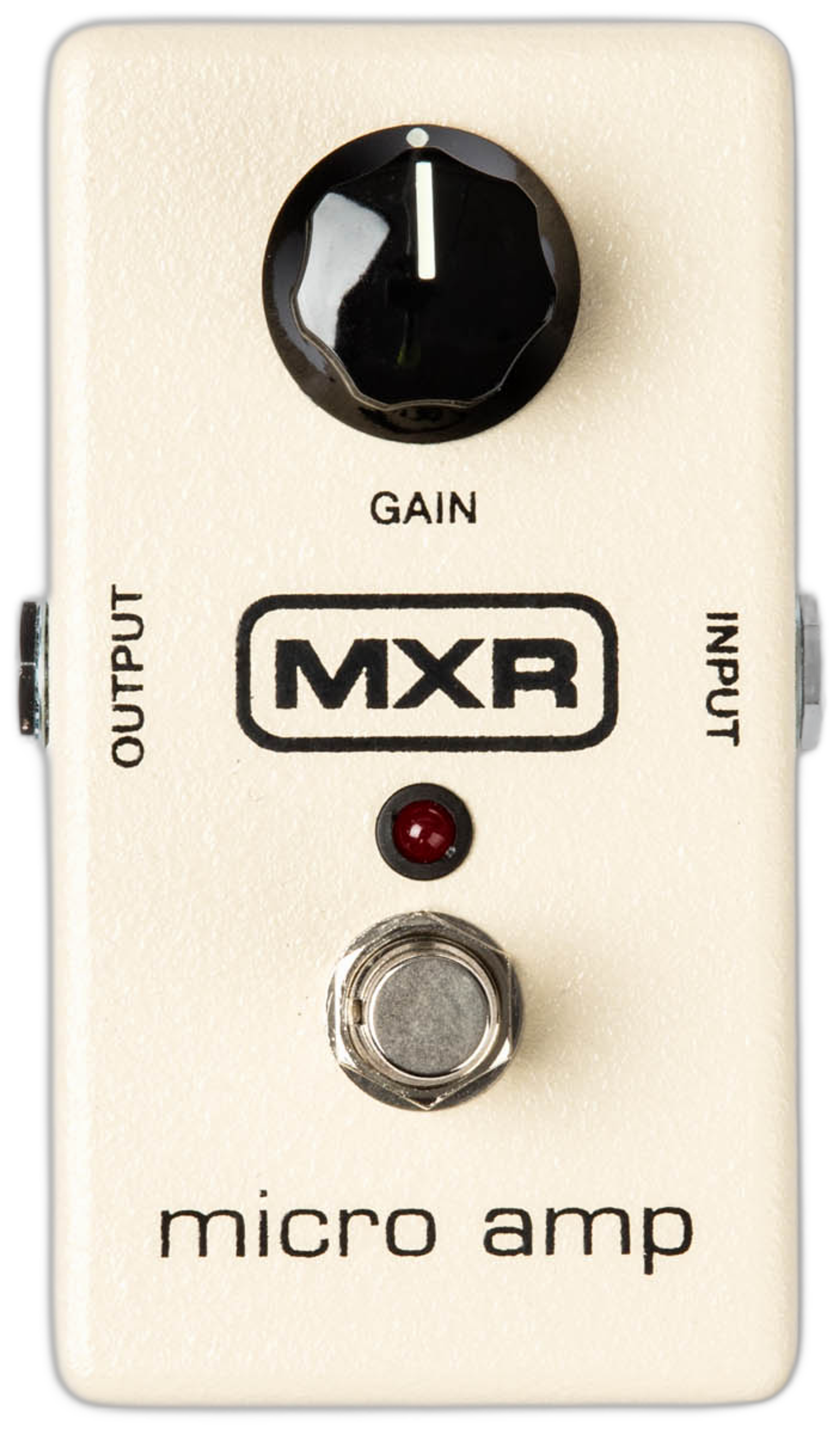 MXR Micro Amp M133, top-down view, cream enclosure, black Gain knob, red LED