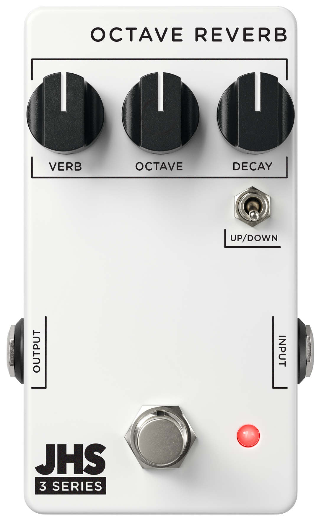 JHS 3 Series Octave Reverb, top-down view, white enclosure, Verb, Octave and Decay knobs, Up/Down toggle