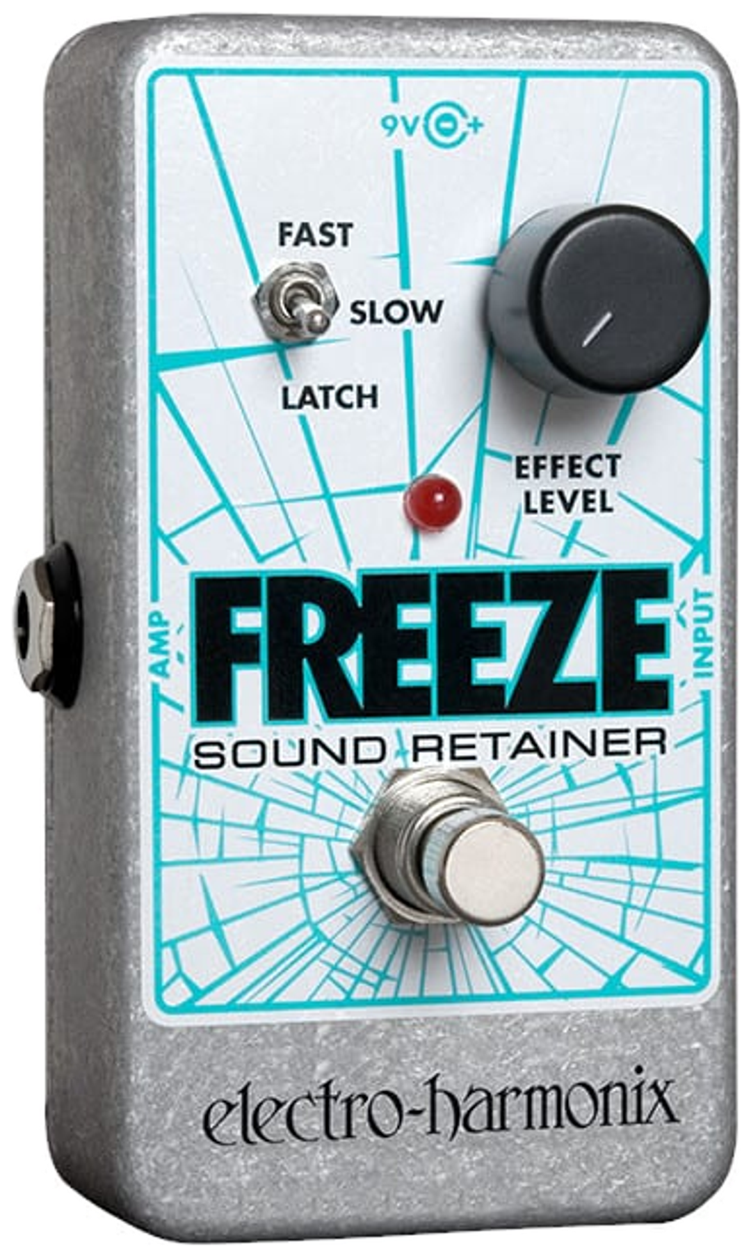 Electro-Harmonix Freeze Sound Retainer, front view, silver housing with blue graphics, Effect Level knob and Fast/Slow/Latch switch