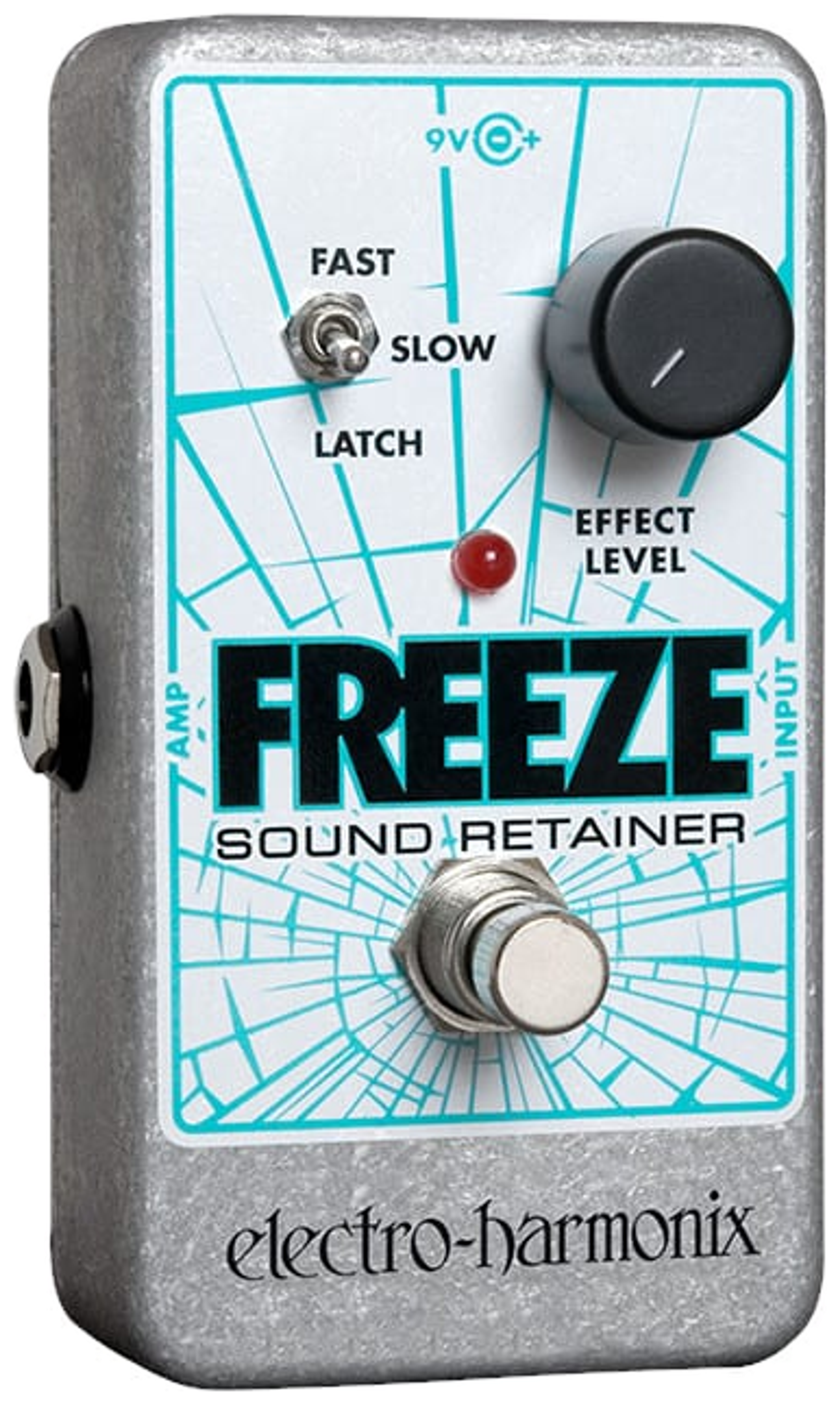 Electro-Harmonix Freeze Sound Retainer, front view, silver housing with blue graphics, Effect Level knob and Fast/Slow/Latch switch