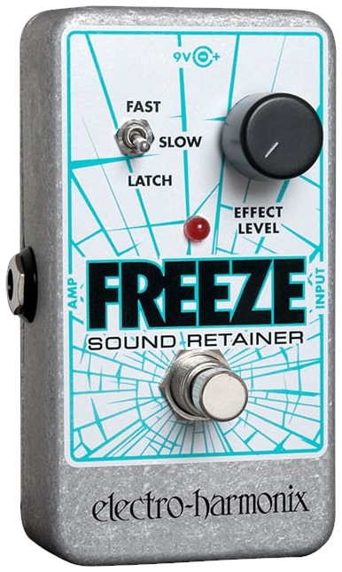 Electro-Harmonix Freeze Sound Retainer, front view, silver housing with blue graphics, Effect Level knob and Fast/Slow/Latch switch