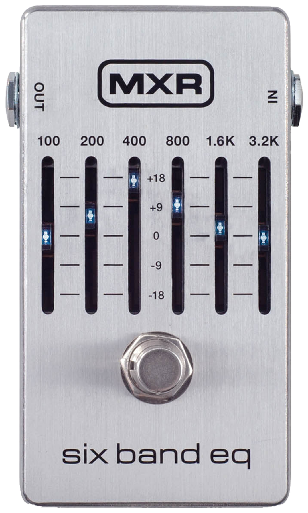MXR M109S Six Band EQ, top-down view, silver enclosure, six illuminated sliders from 100 Hz to 3.2 kHz, single footswitch