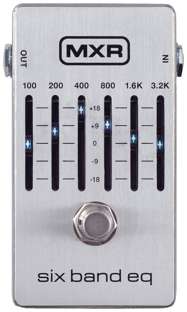 MXR M109S Six Band EQ, top-down view, silver enclosure, six illuminated sliders from 100 Hz to 3.2 kHz, single footswitch