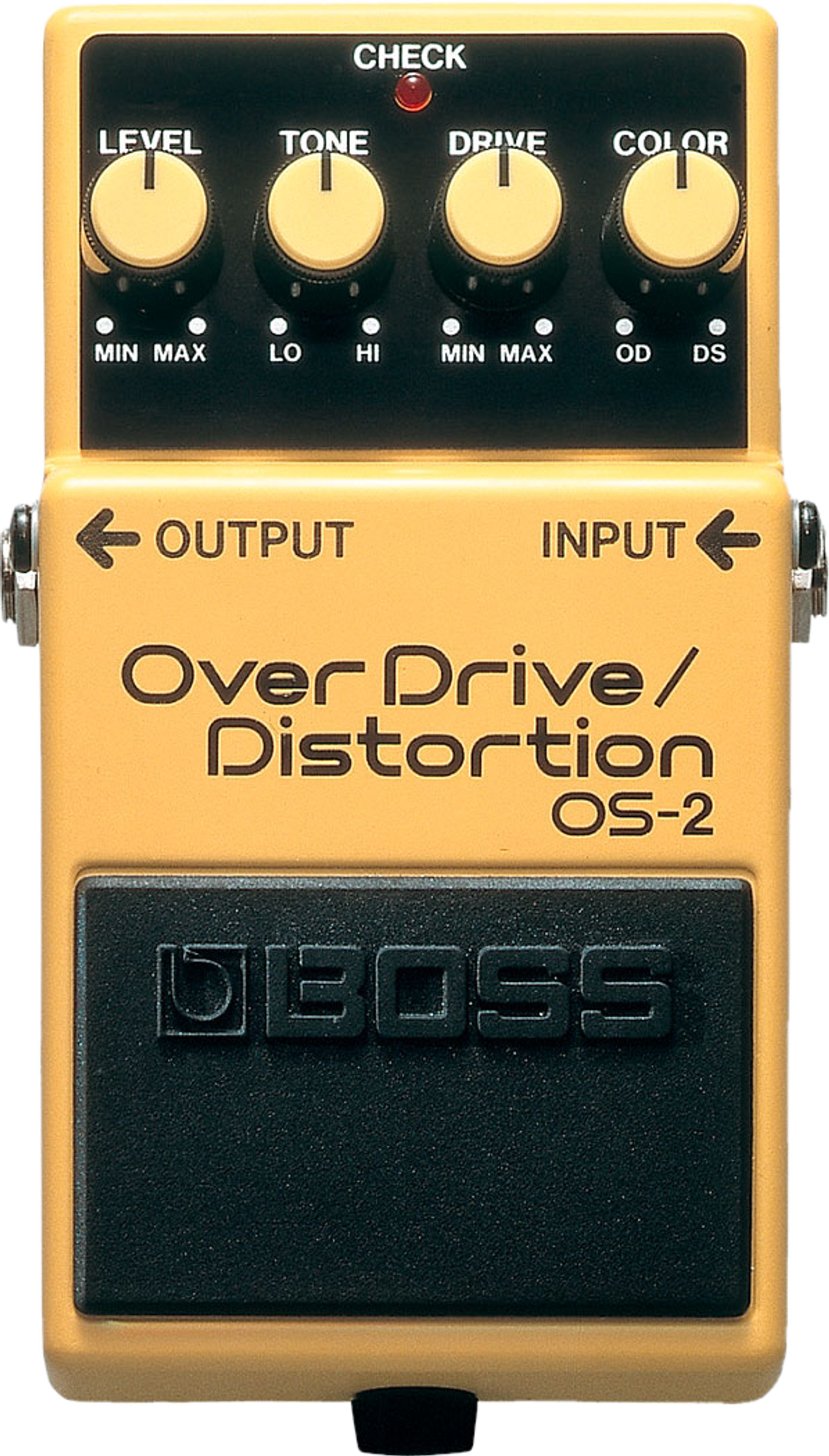 BOSS OS-2 OverDrive/Distortion, top-down view, yellow-orange enclosure, Level, Tone, Drive and Color knobs
