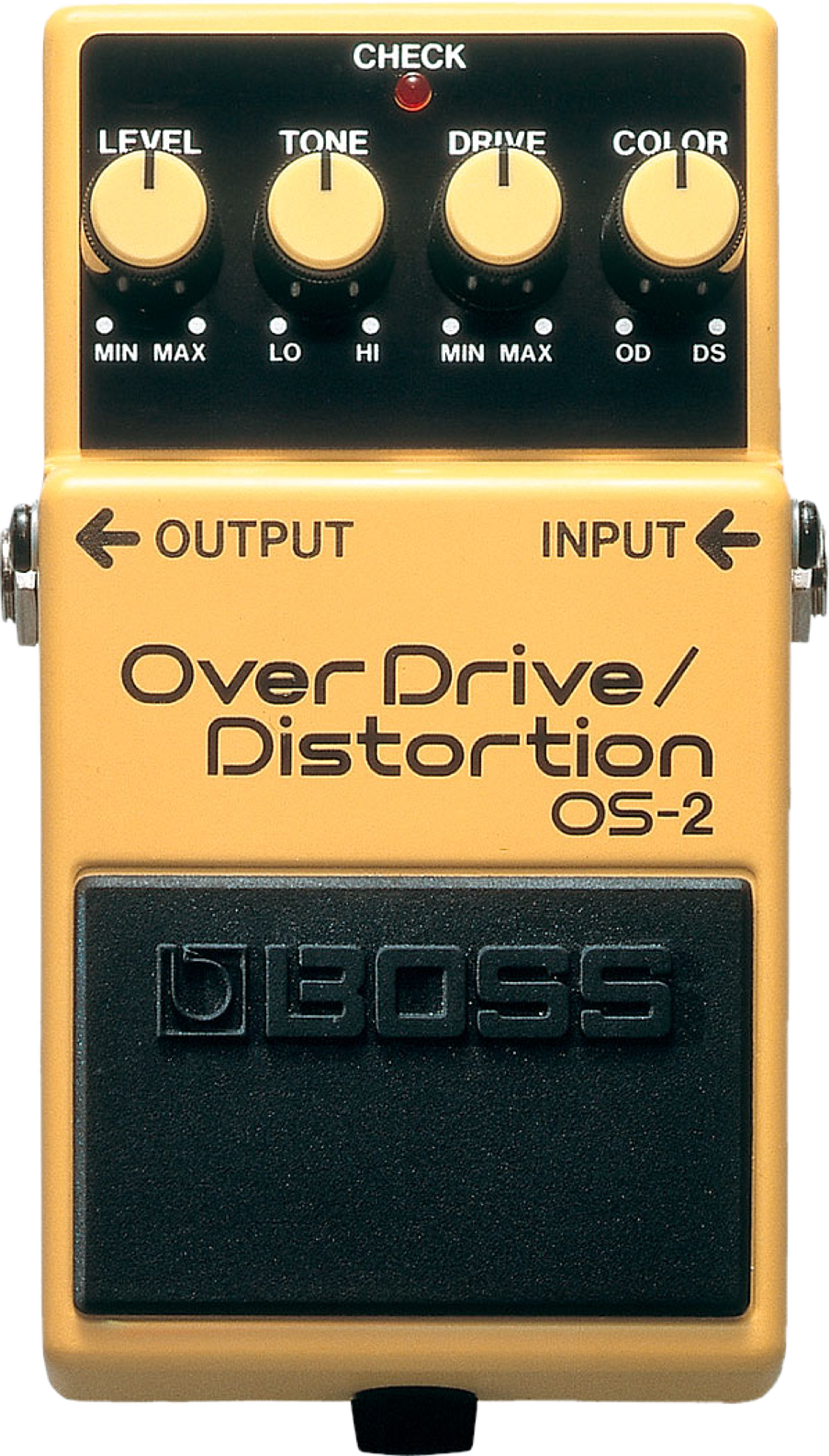 BOSS OS-2 OverDrive/Distortion, top-down view, yellow-orange enclosure, Level, Tone, Drive and Color knobs