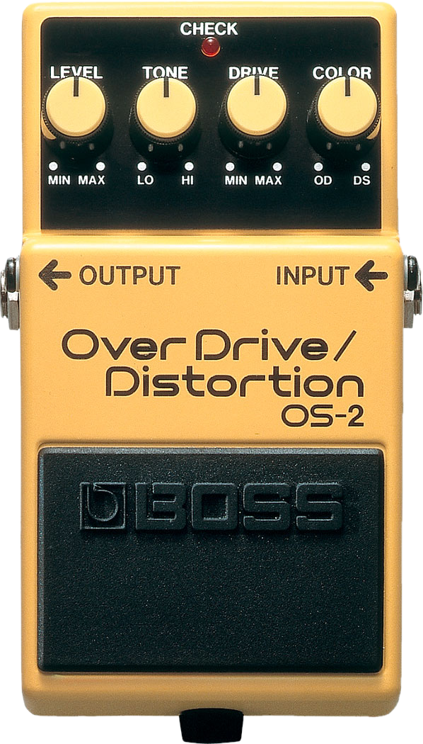 BOSS OS-2 OverDrive/Distortion, top-down view, yellow-orange enclosure, Level, Tone, Drive and Color knobs