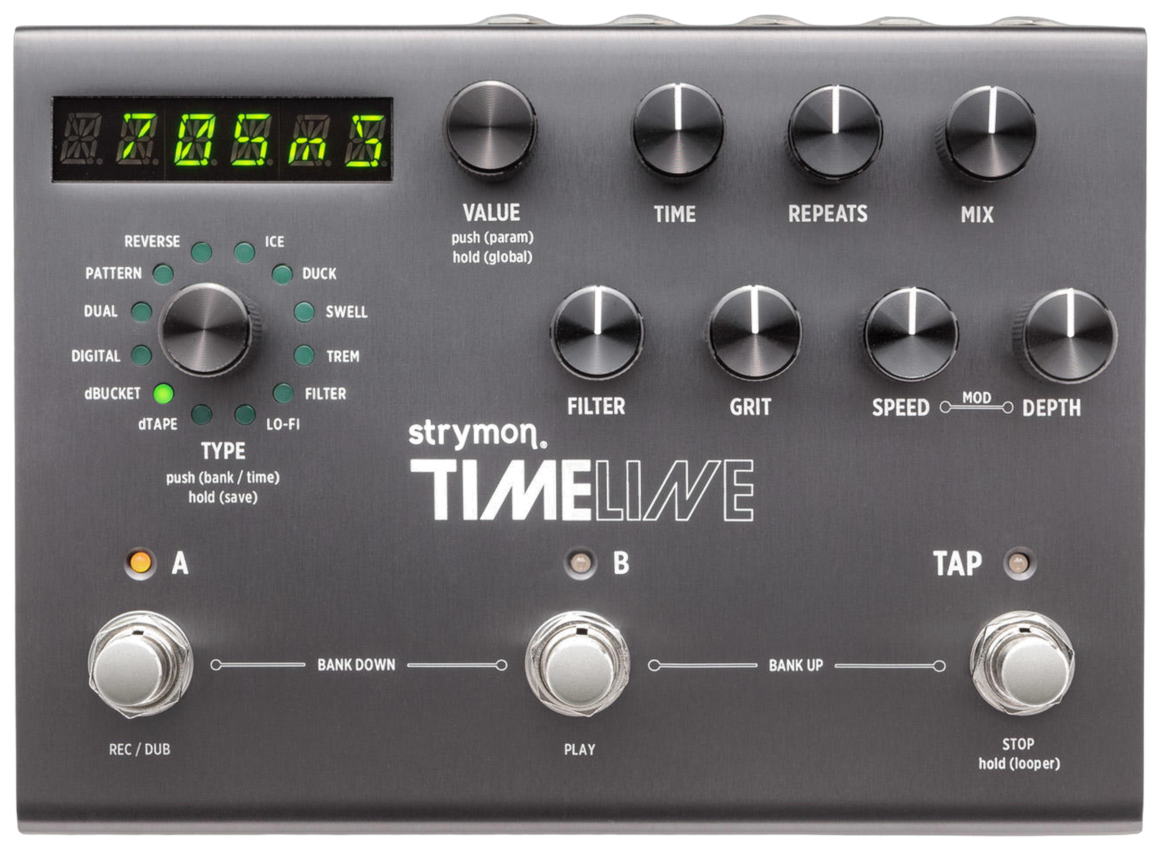Strymon TimeLine, top-down view, gunmetal chassis with TYPE knobs and A B TAP footswitches