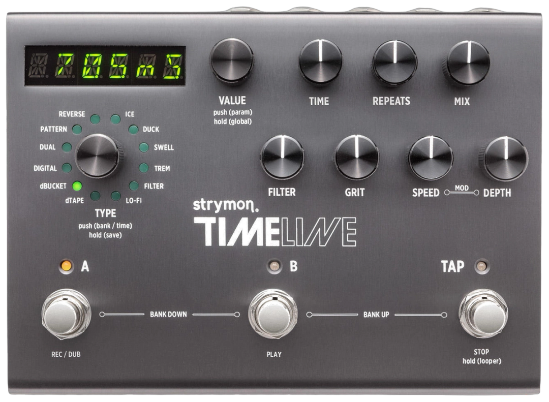 Strymon TimeLine, top-down view, gunmetal chassis with TYPE knobs and A B TAP footswitches