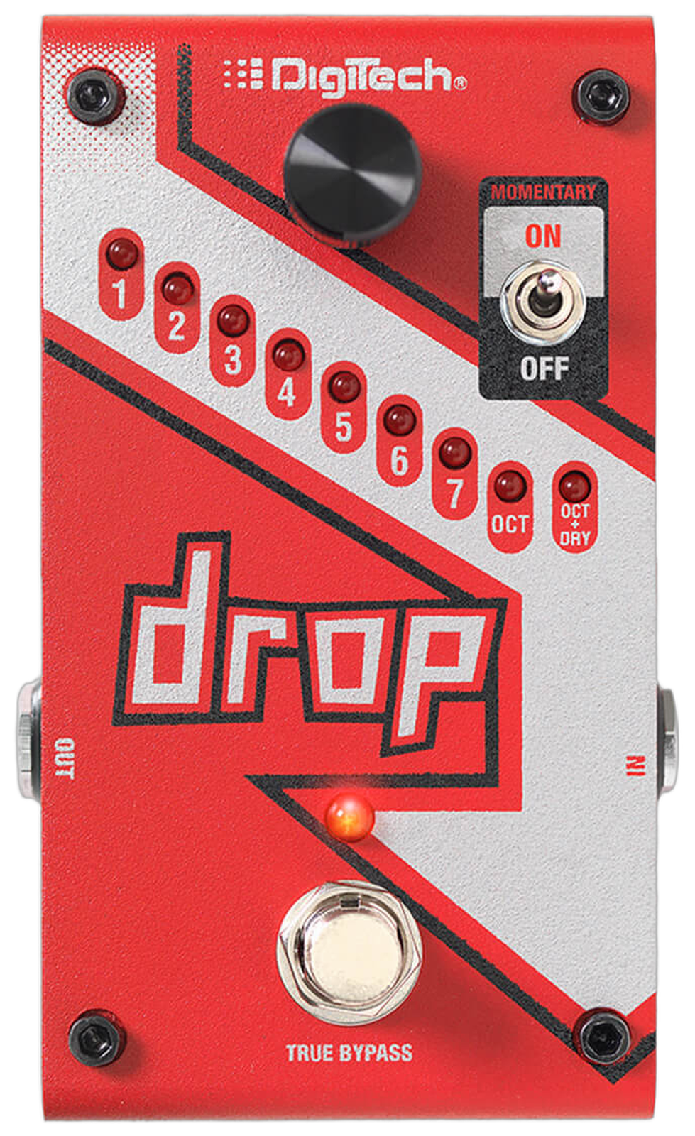 DigiTech Drop, top-down view, red and grey enclosure, drop interval knob, Momentary switch, TRUE BYPASS footswitch