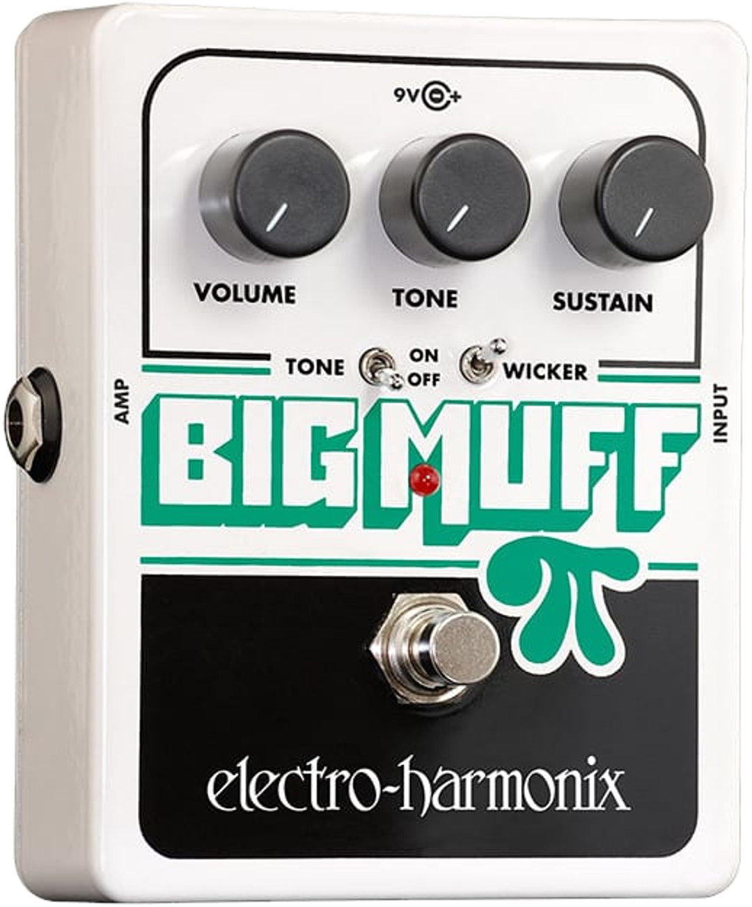 Electro-Harmonix Big Muff Pi with Tone Wicker fuzz pedal, top-down view, white enclosure with three black knobs, two toggle switches and green Big Muff artwork