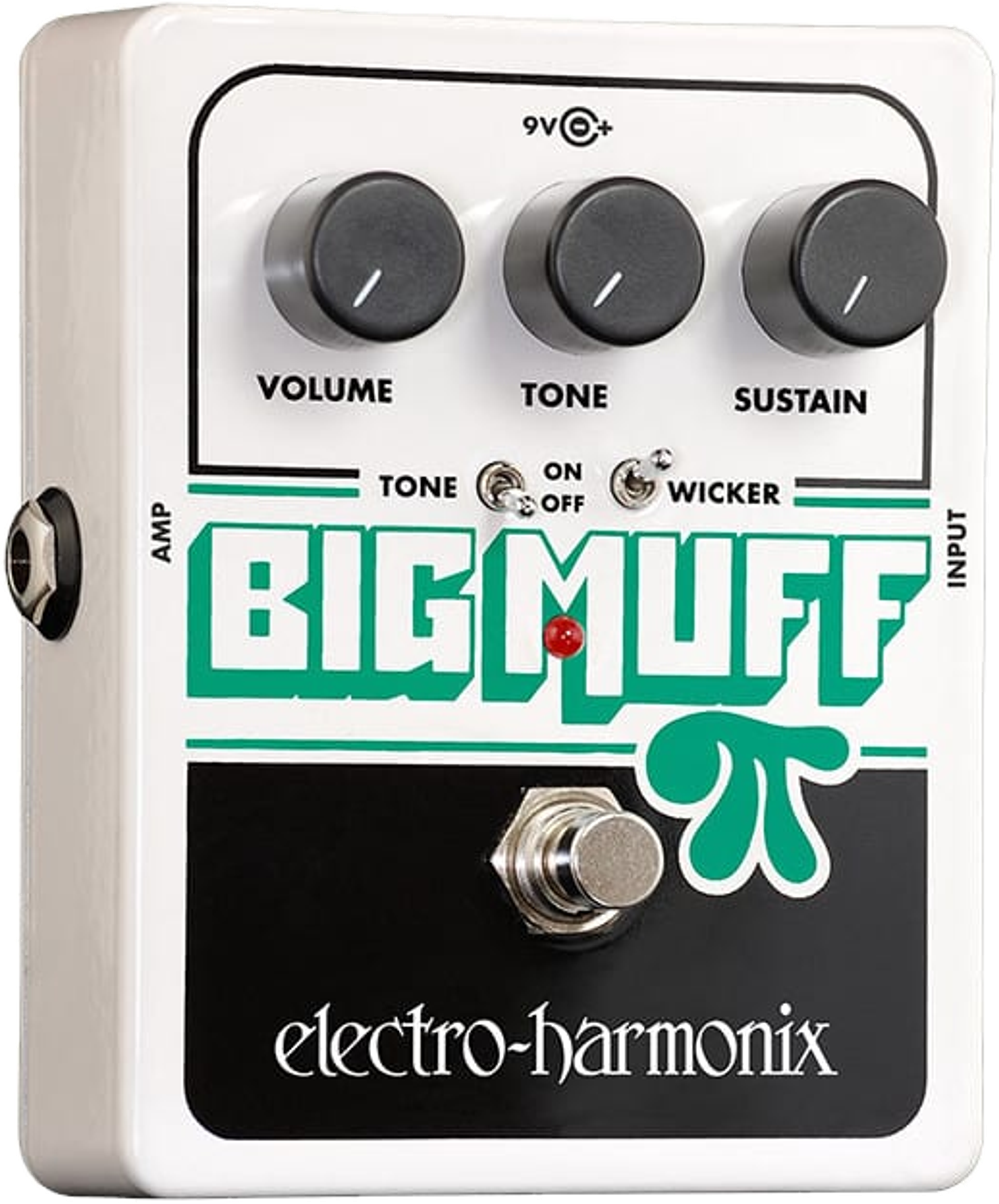 Electro-Harmonix Big Muff Pi with Tone Wicker fuzz pedal, top-down view, white enclosure with three black knobs, two toggle switches and green Big Muff artwork