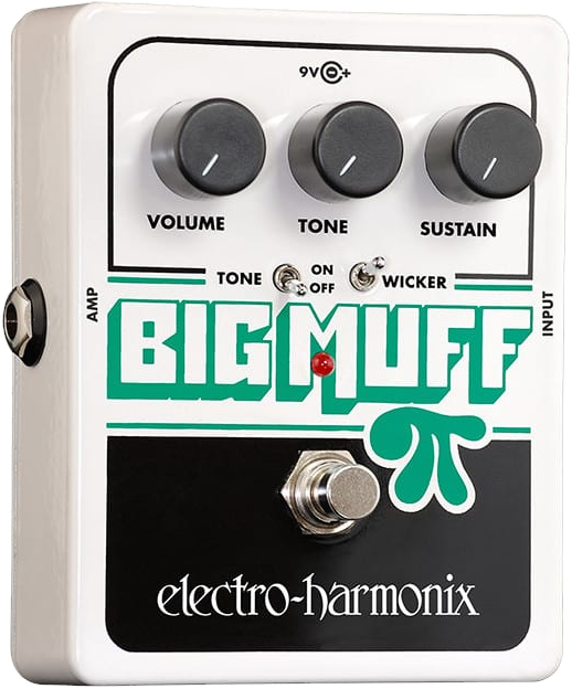 Electro-Harmonix Big Muff Pi with Tone Wicker fuzz pedal, top-down view, white enclosure with three black knobs, two toggle switches and green Big Muff artwork